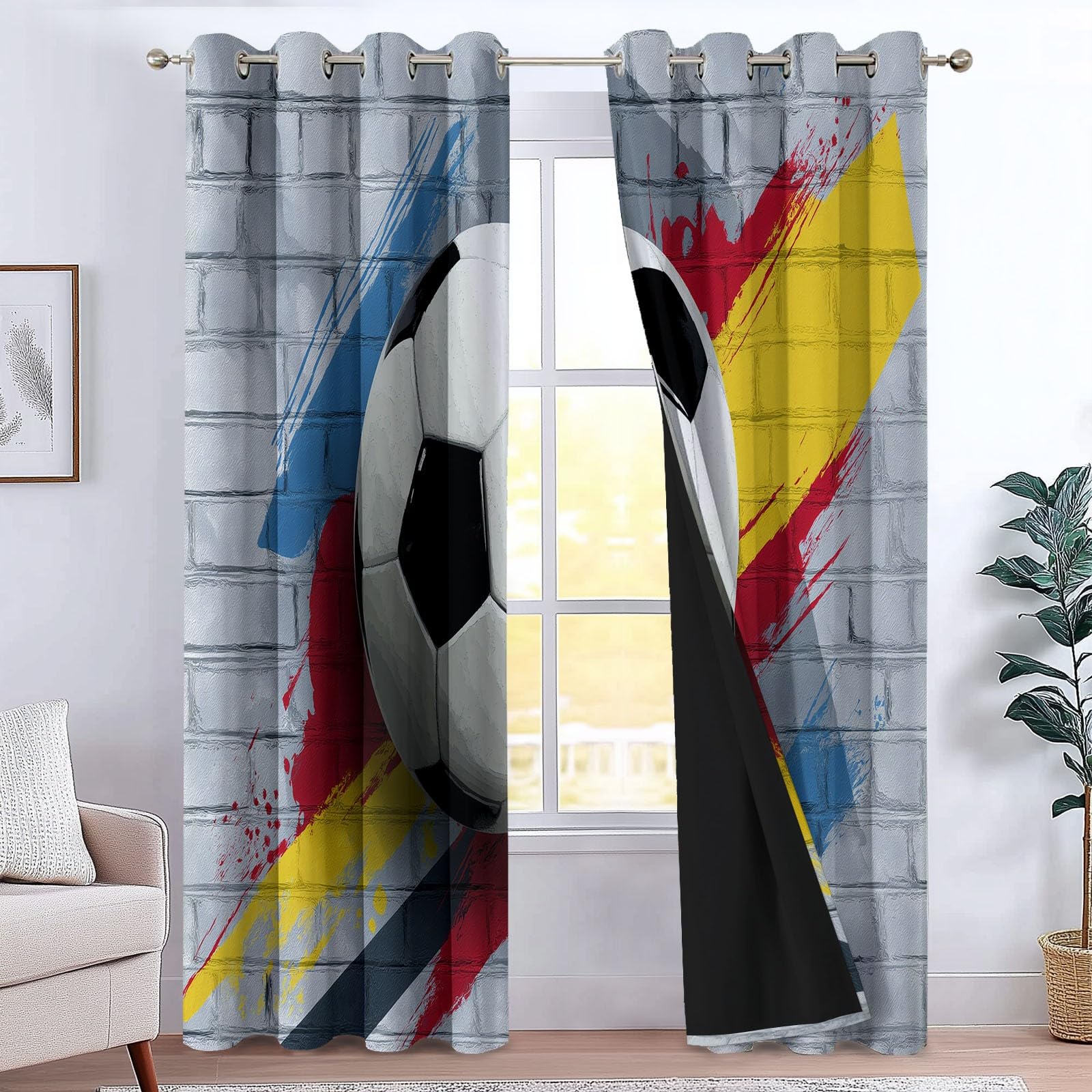 Generisch Grau Vorhang Blickdicht Thermovorhang Graffiti-Stil Backsteinmauer Fußball Gardinen, Wohnzimmer kälteschutz mit Ösen Vorhänge für Schlafzimmer Wohnzimmer Fenster H183 x B117 cm (2er Pack)