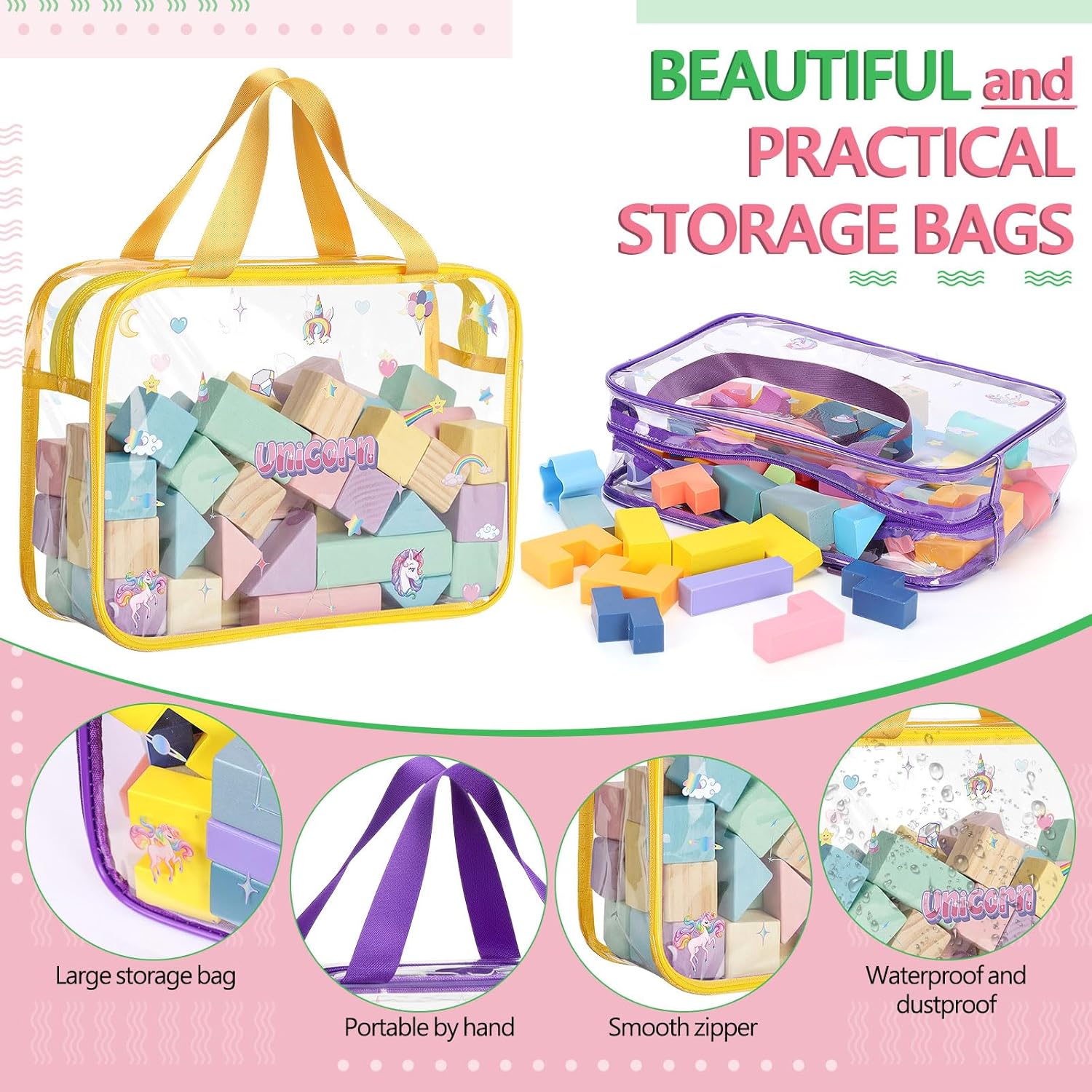 6 Packs Large Toy Storage Bags with Labels Clear Dinosaur Cat Paw PVC Board Game Storage Containers with Zipper Waterproof Building Blocks Organizer for Puzzle Books (6 Color)