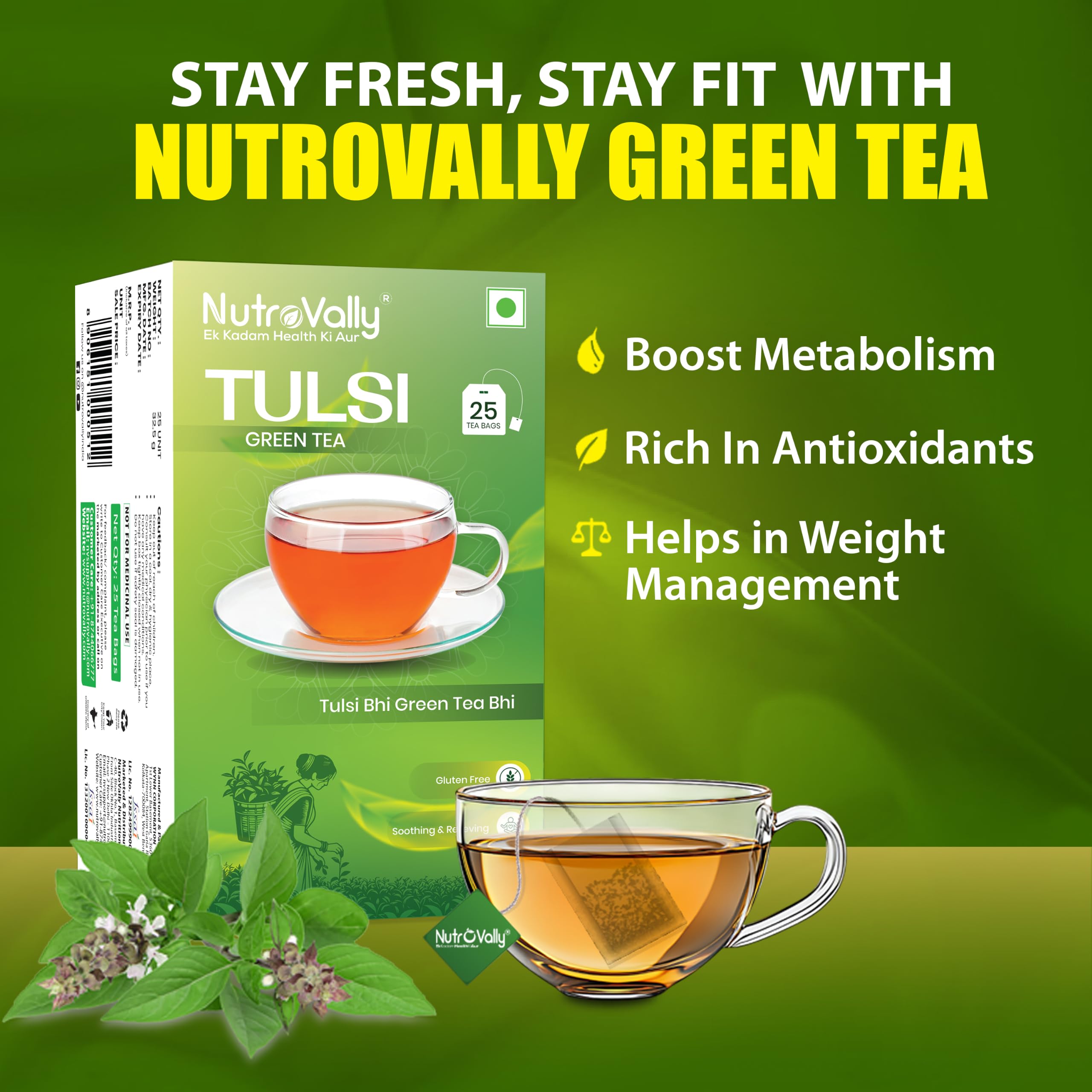 NutroVally Tulsi Green Tea Pack of 3 (75 Bags) Herbal Green Tea with Holy Basil Leaves Rich in Antioxidants Supports Detox, Digestion, Metabolism & Wellness Caffeine Light Travel-Friendly — Amazon image 5