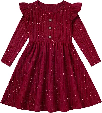 Toddler Girl Dress Long Sleeve Round Neck Ruffle Button A-Line Knitted Sweather Fall Dresses Size 2-6T