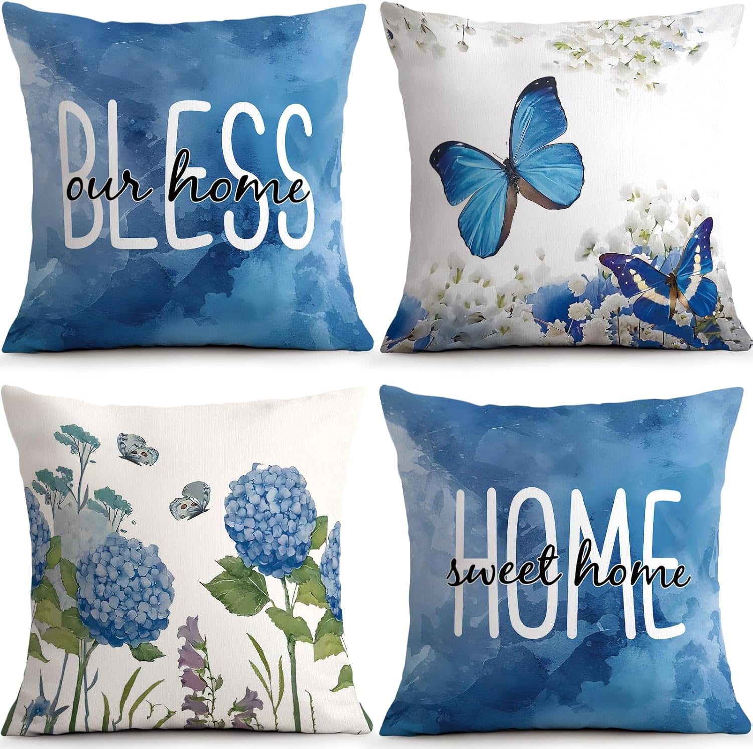 Blue Pillow Covers 18X18 inch Set of 4, Sweet Home Butterfly Flowers Throw Pillow Covers Decorative Outdoor Cushion Covers for Home Couch Sofa Car Decor