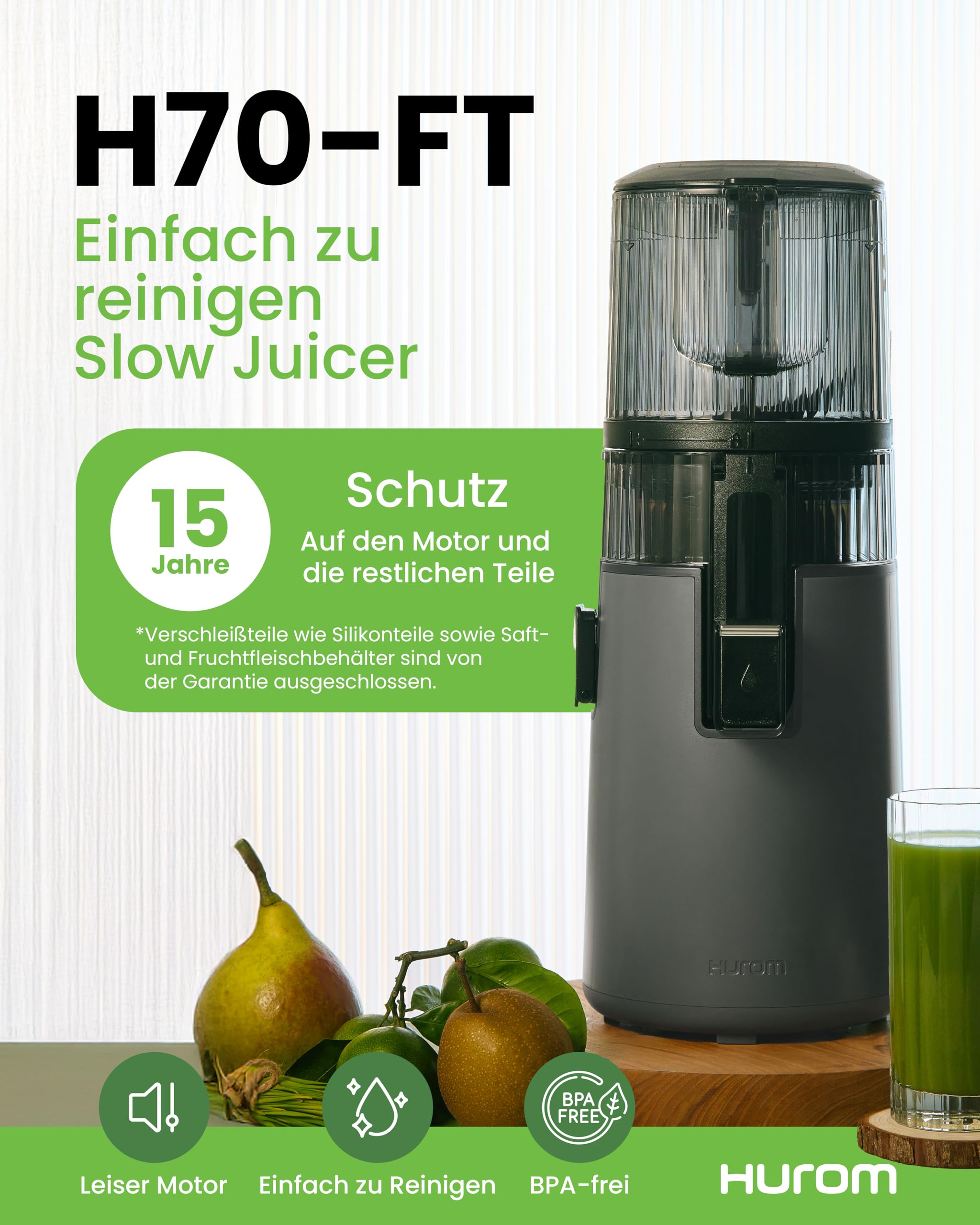 Hurom H70FT Neuer Slow Juicer | Elektrische Kaltpresse | Entsafter für Gemüse & Obst | 1.8L Kapazität | Automatische Entsaftungsfunktion | BPA-frei | 15 Jahre Garantie | 150W | Titangrau