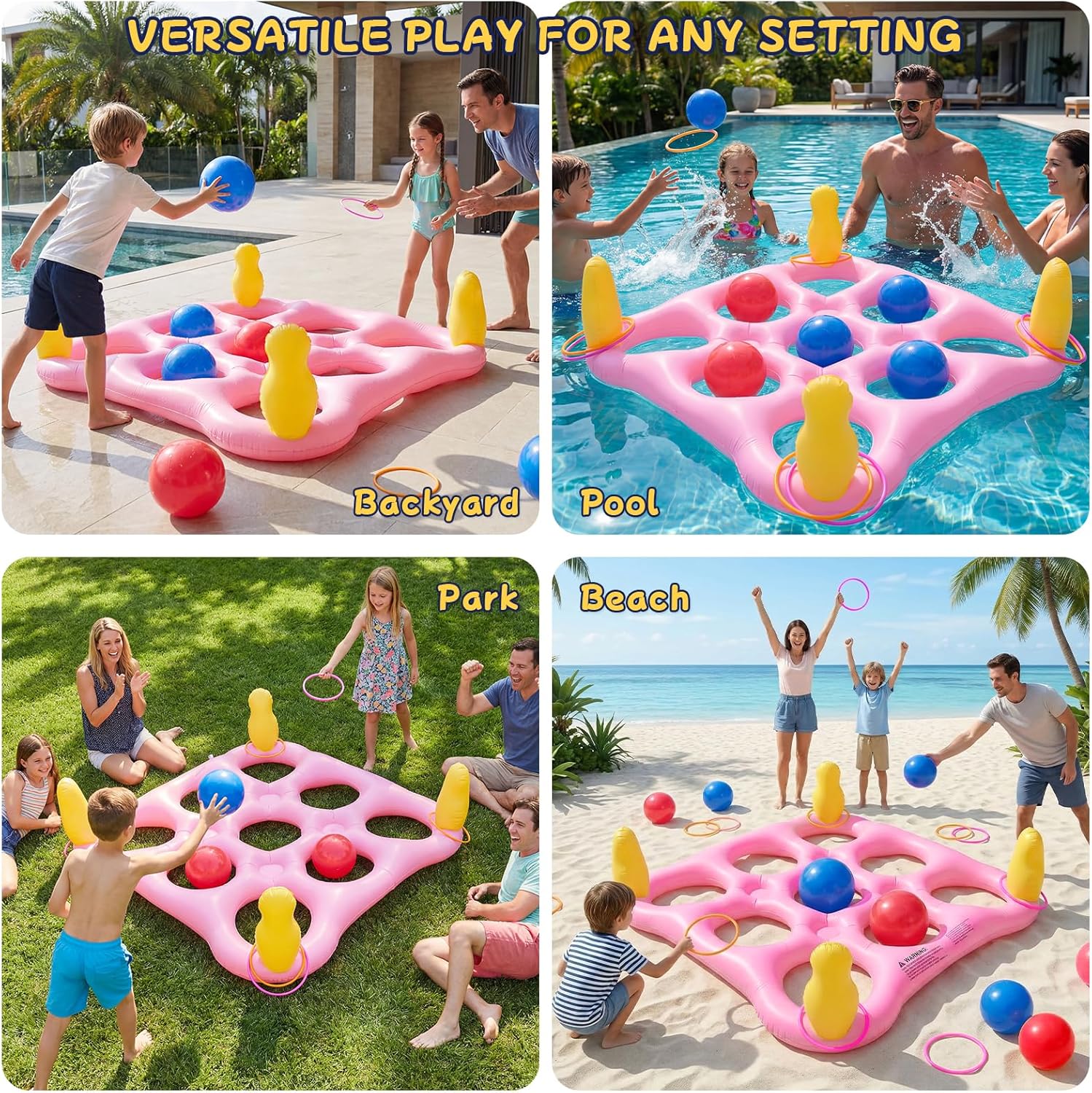 ECHTPower Tic-Tac-Toe Pool Toys Games - 2-in-1 Giant Inflatable Pool Floats with Ring Toss Set and 10 Balls, Fun Summer Party Water Beach Float Game for Adults Teens Kids (Pink)