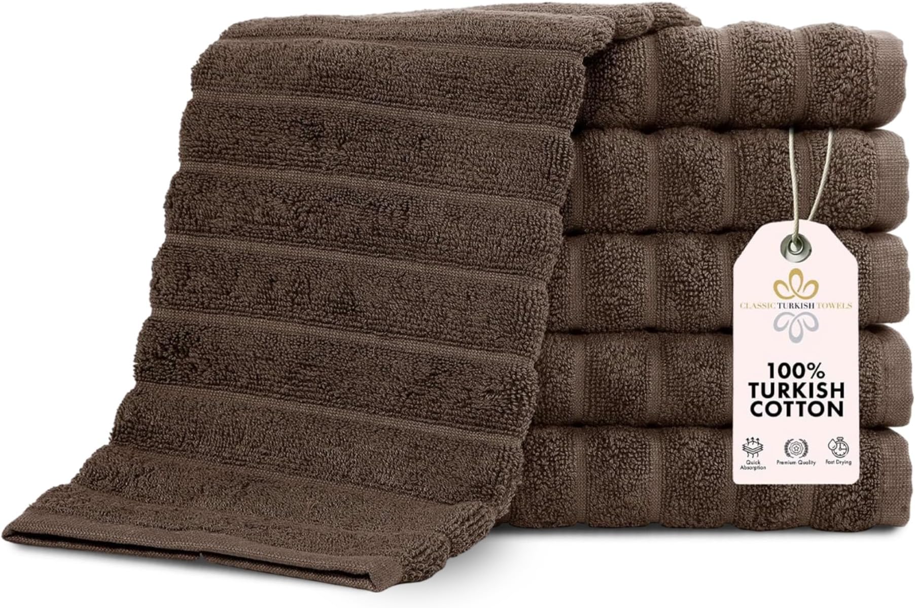 Classic Turkish Towels Combed Cotton Luxury Wash Cloths 13x13 Chocolate Color, Rib Style (Set of 6) Made in Turkey by classicturkishtowels.com
