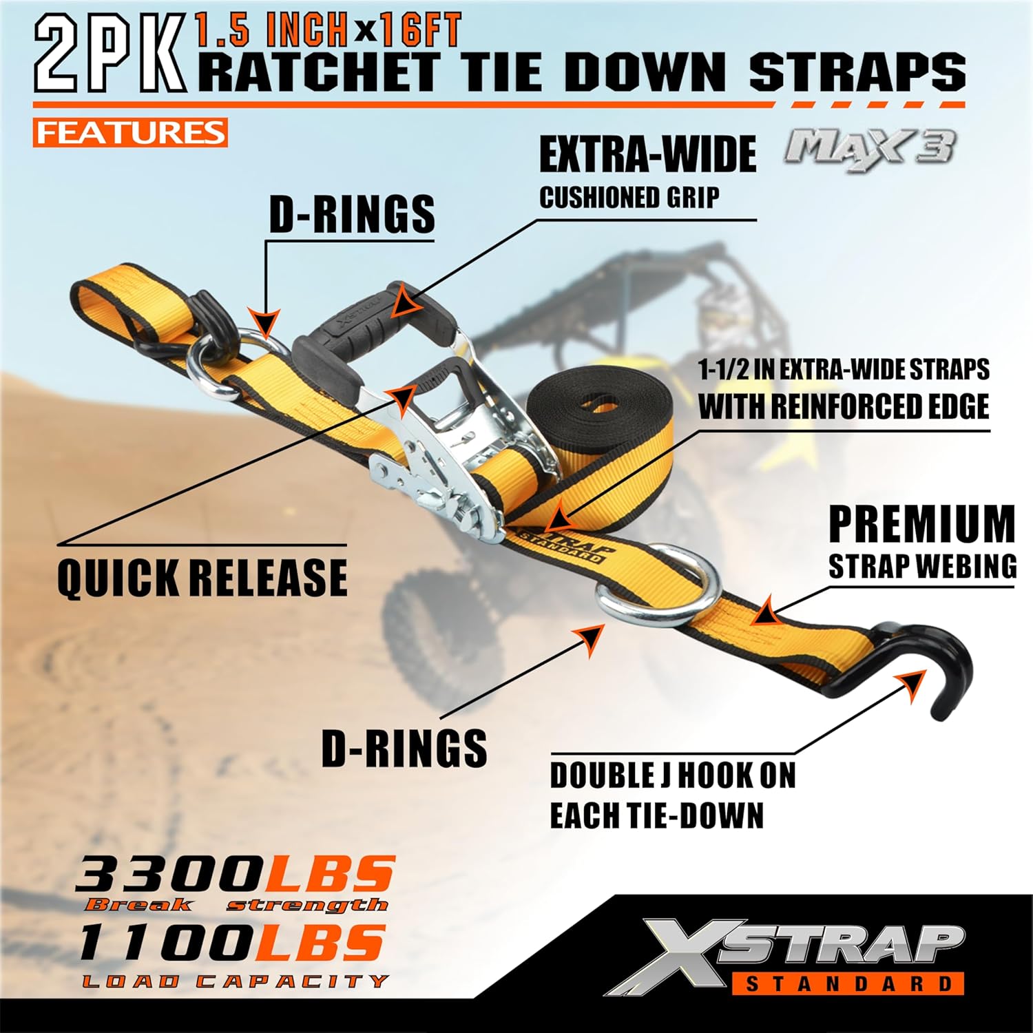 XSTRAP STANDARD 2 Pack 1.5" x 16' Ratchet Tie Down Straps - 1100Lbs Working Load, 3300Lb Break Strength, Heavy Duty Double J-Hook for Truck, Trailers & Cargo, Yellow