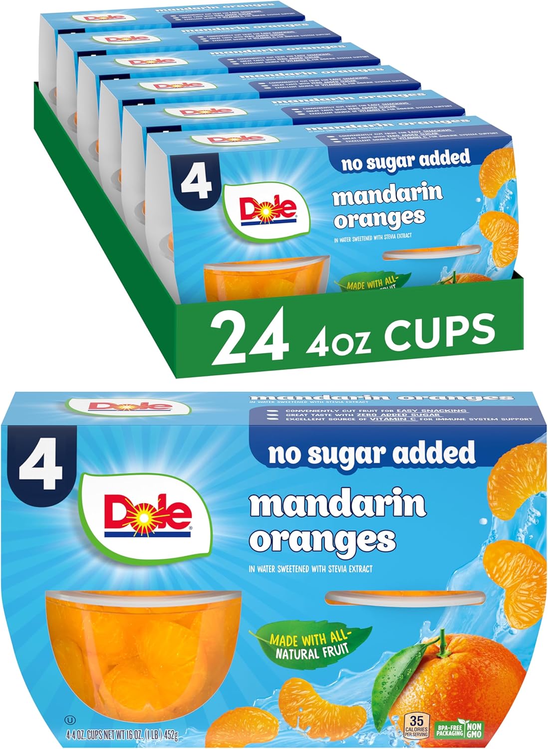 Dole Fruit Bowls No Sugar Added Snacks, Mandarin Oranges, 4oz 24 Cups, Gluten & Dairy Free, Bulk Lunch Snacks for Kids & Adults