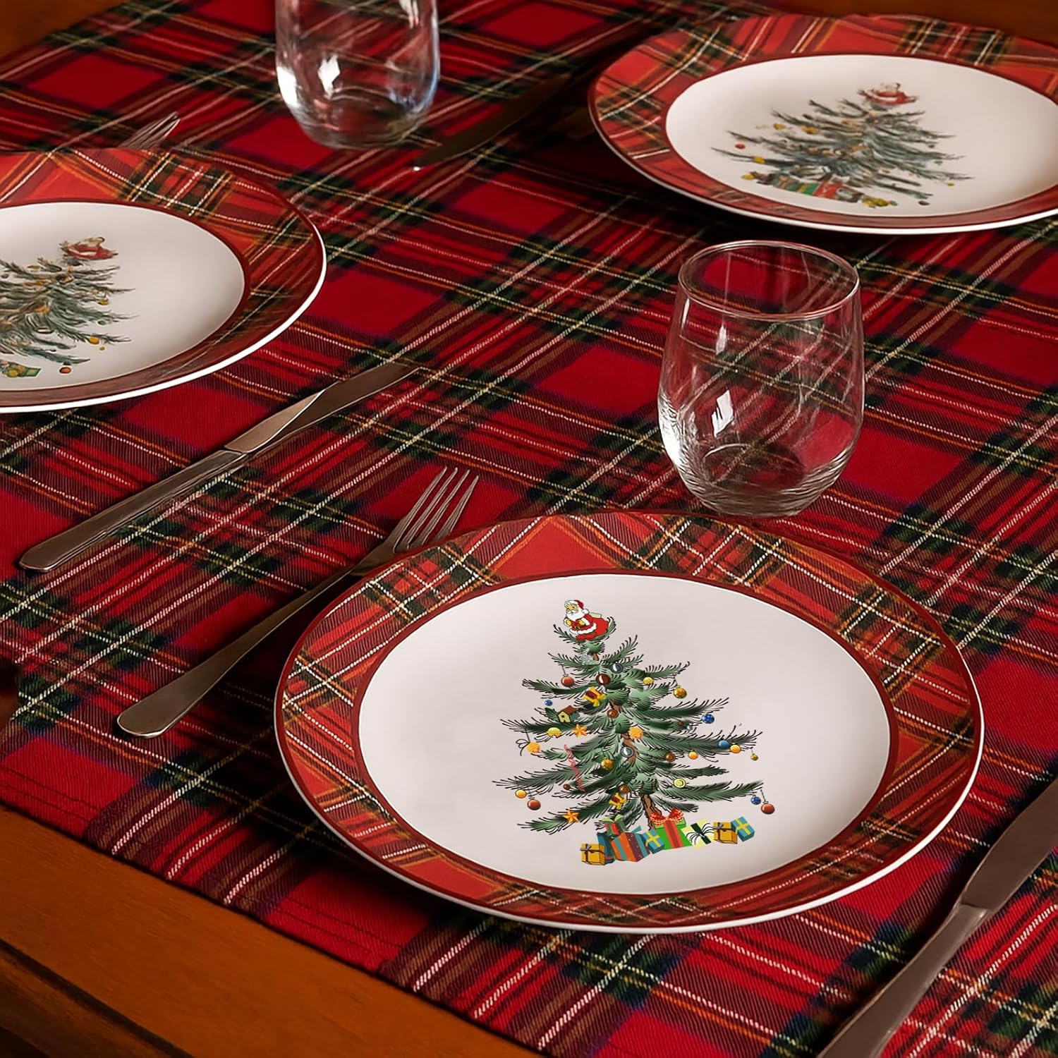 Christmas Tree Plates Set of 4, Christmas Dinner Plates with Red Edge, Xmas Porcelain Plates for Porcelain Plate Set of 4 for Xmas 10.5 Inch