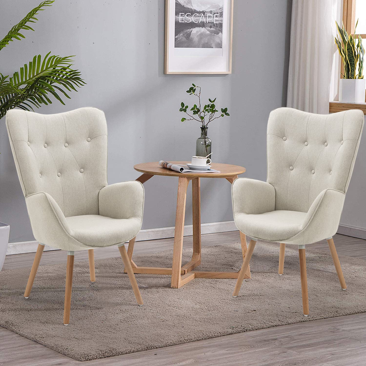 MEUBLE COSY Poltrona Imbottita Sedia da Salotto con Braccioli Poltroncina Relax in Tessuto con Schienale Alto Gambe in Legno per Camera da Letto Soggiorno