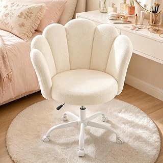 YOUDENOVA Skrivbordsstol med blomblad, ryggstöd, toalettbord, stol, höjdjusterbar och 360° roterbar, ergonomisk kontorsstol för sovrum, toalettbord, hemmakontor, sammet, beige