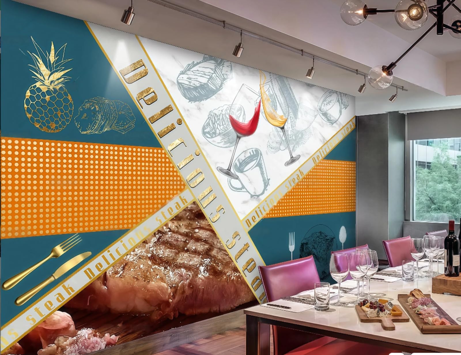 Rskjdghshd 3D Wallpaper Hand-Painted Delicious Steak Creative Food Afternoon Tea Drinks Snack Bar Background Wall Western Restaurant Wallpaper Cafe Mural,,300X210cm