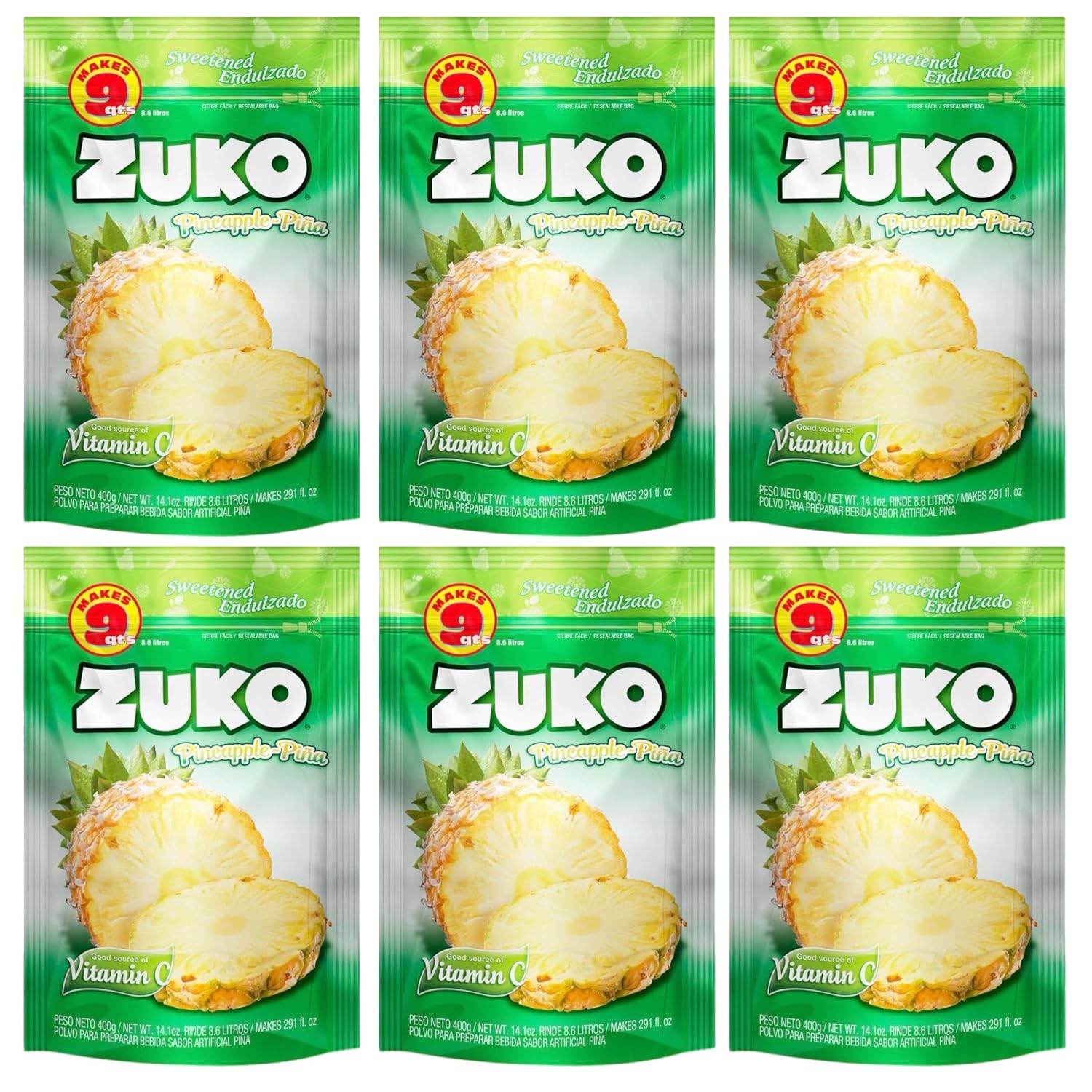 Zuko Piña | Pineapple | Instant Powder Drink Mix | Family Pack | No Sugar Needed | Vitamin C | 14.1 Ounce | Pack of 6