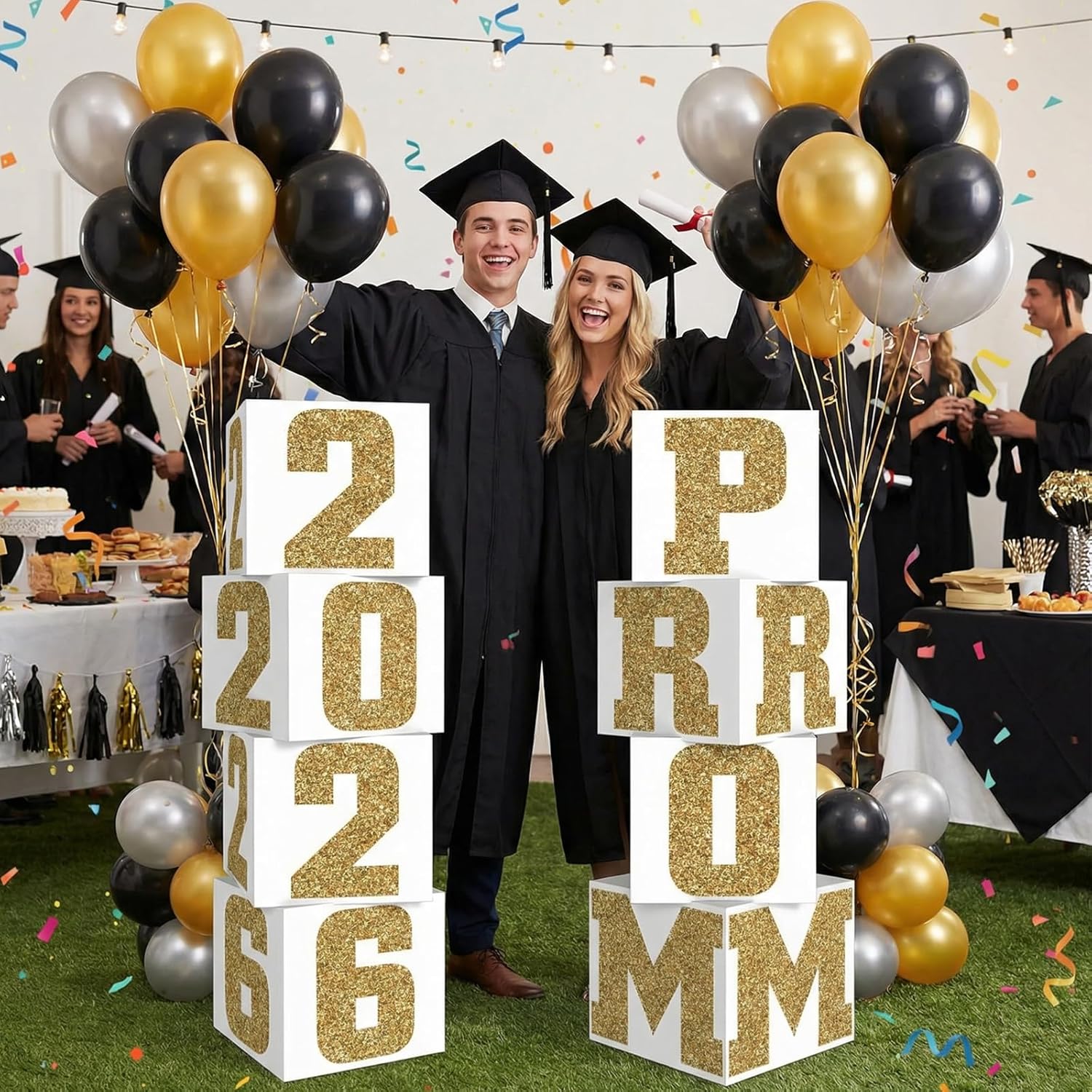 Queekay 8 Pcs Prom Column Standup Photo Booth Decorations 2026 Prom Backdrop Balloon Boxes Cardboard Decoration Column for Party College, 11.8 x 44.9 Inch (Gold, White)