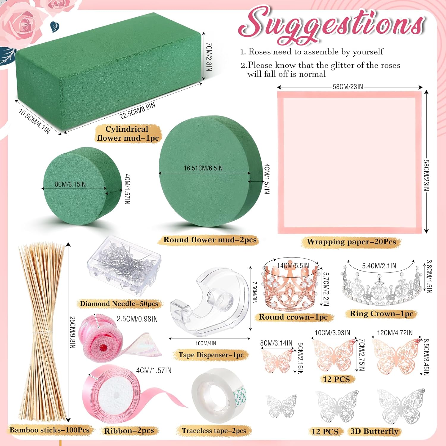 XunYee Bouquet Kit 20 Sheet Flower Wrapping Paper 100 Pcs Bamboo Skewers Floral Foam Blocks for Anniversary Birthday Gift Graduation Mother's Day(Transparent Pink)