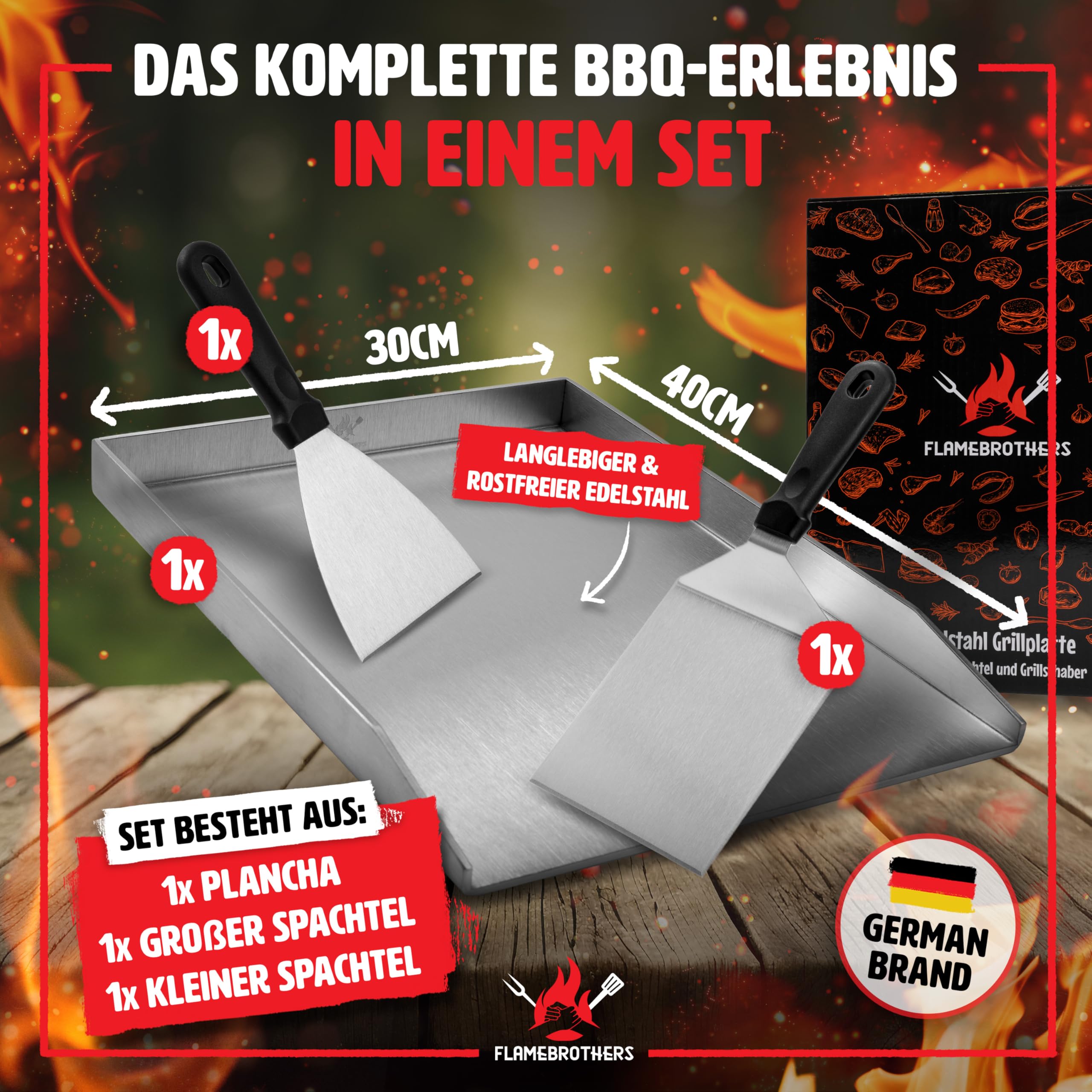 Plancha Grillplatte - All In Grillzubehör Set mit Grillspachtel & Grillschaber - 4mm rostfreier Edelstahl [40 x 30cm] - Grill Platte für Gas- & Kohlegrill - auslaufsichere Ecken für sauberen Grill