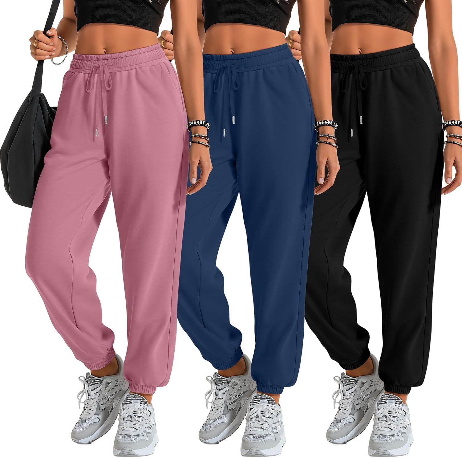 3 Pack Women's Sweatpants with Pockets, Drawstring Lounge Athletic Joggers Casual Yoga Workout Sweat Pants