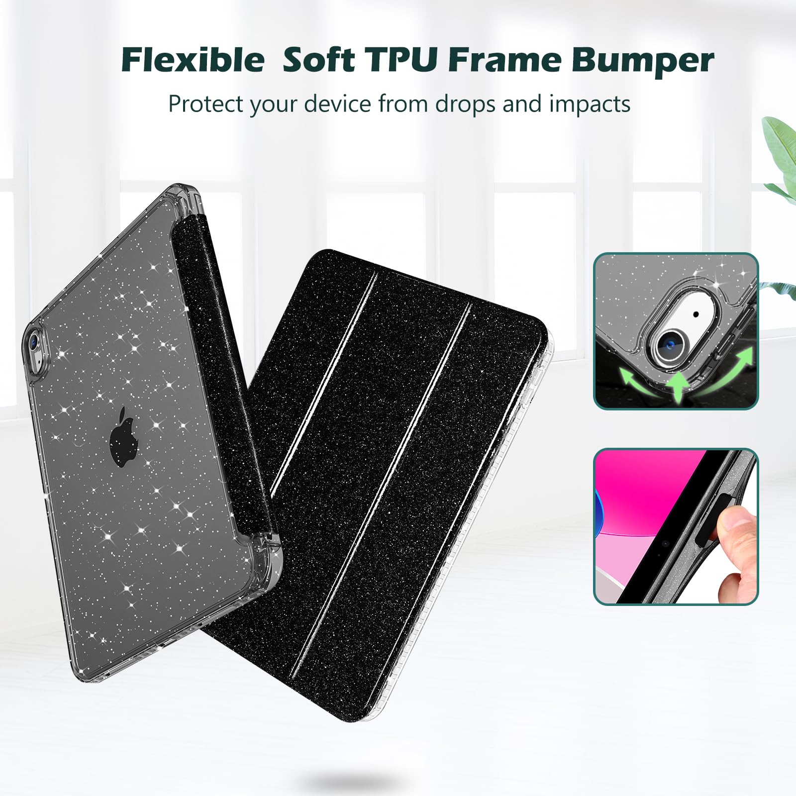 ProCase Cover iPad 11 Generazione A16 11 Pollici 2025/iPad 10 Generazione 10,9 Pollici 2022,Custodia con Portapenna Auto Sonno/Veglia -Glitter Nero