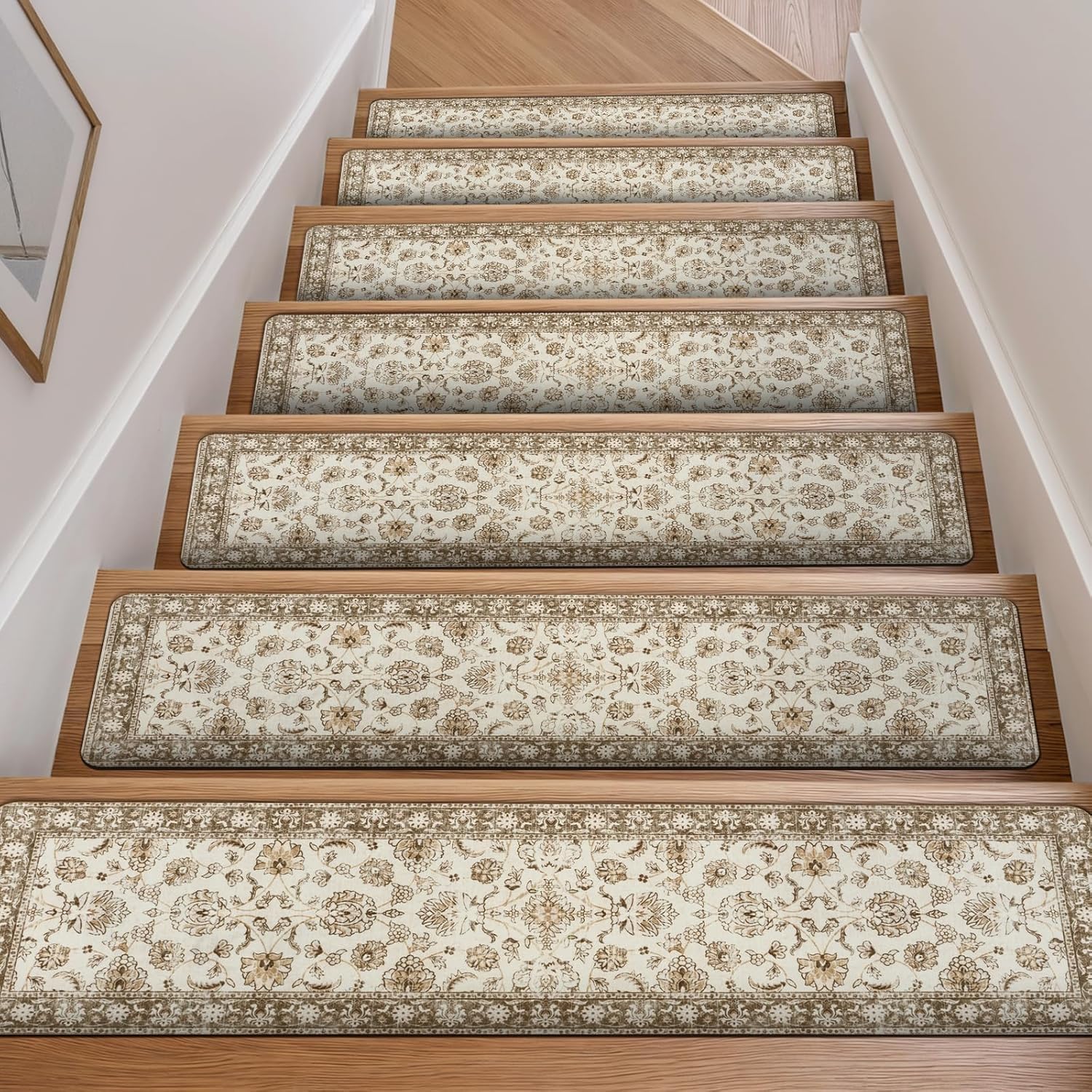 OJIA Vintage Stair Treads Non-Slip Stair Runners for Wooden Steps Indoor 15PCS 30"x8" Carpet Stair Treads Mats Staircase Step Treads for Kids, Elders and Dogs, Stair Covers, Beige 15PCS Beige 15