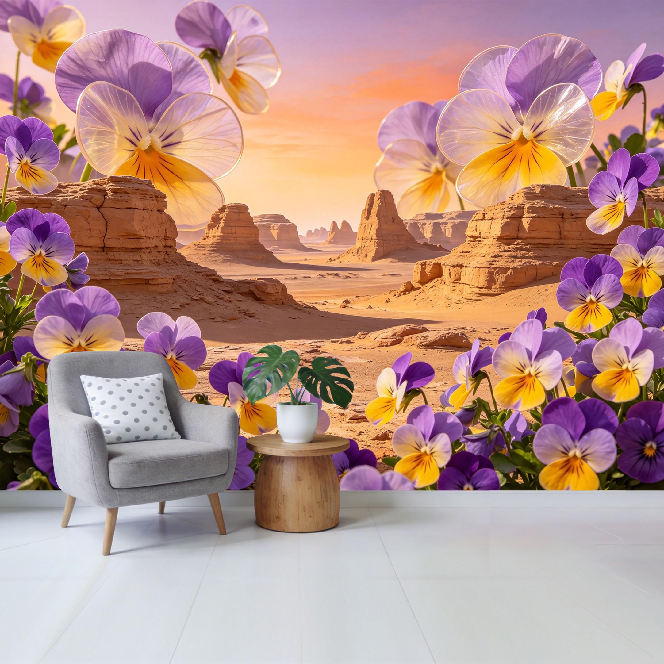 Qzlithotic Yq2605250867 Custom Size Wall Mural Botanical Pansy Flower Desert Landscape Sunset View 3D Watercolor Selfadhesive Wall Fabric Removable Wallpaper For Home Office Decor