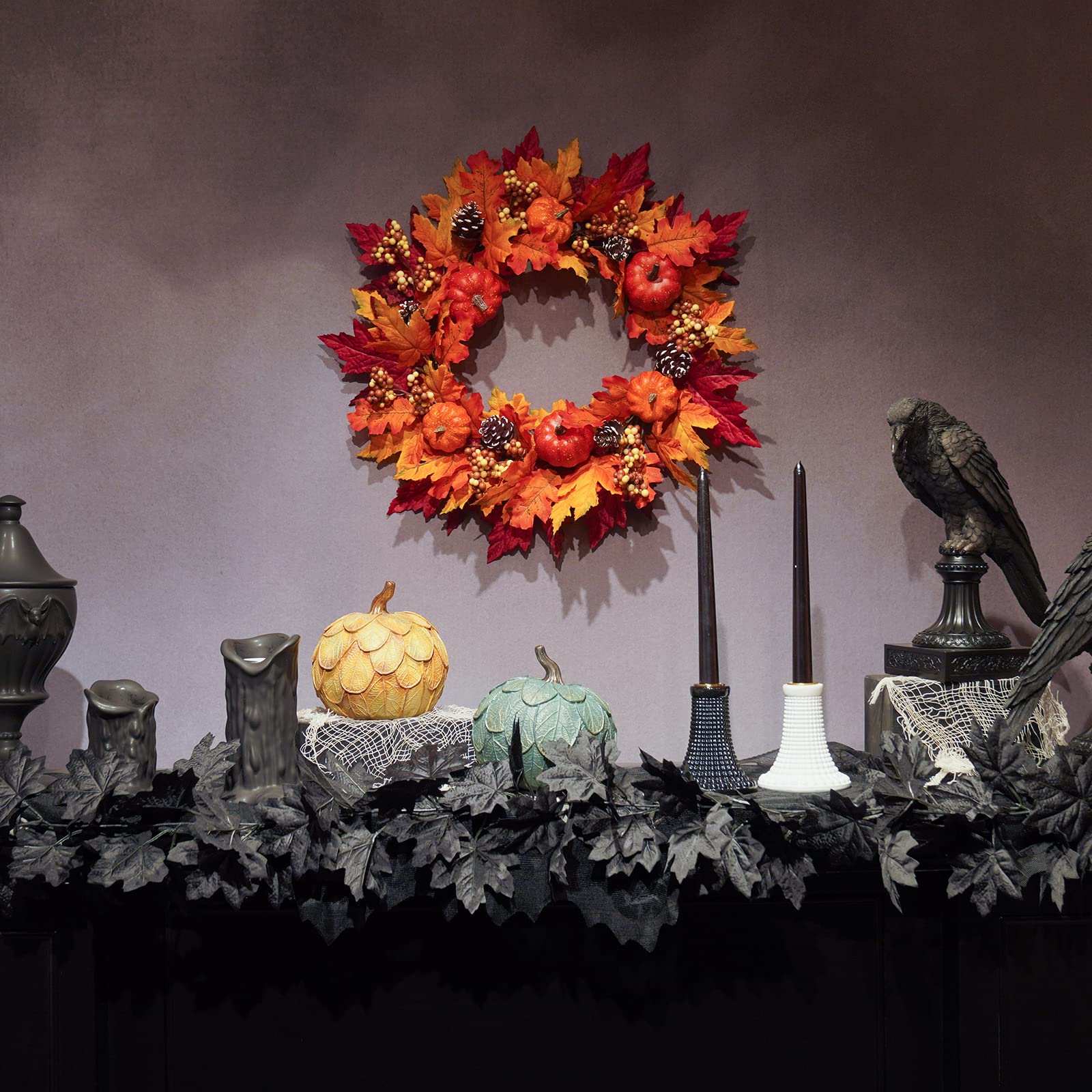 Fall Wreath Front Door Wreaths - 20" Autumn Wreaths for Front Door, Artificial Pumpkin Maple Leavses Wreath for Autumn, Halloween and Thanksgiving by DiliComing