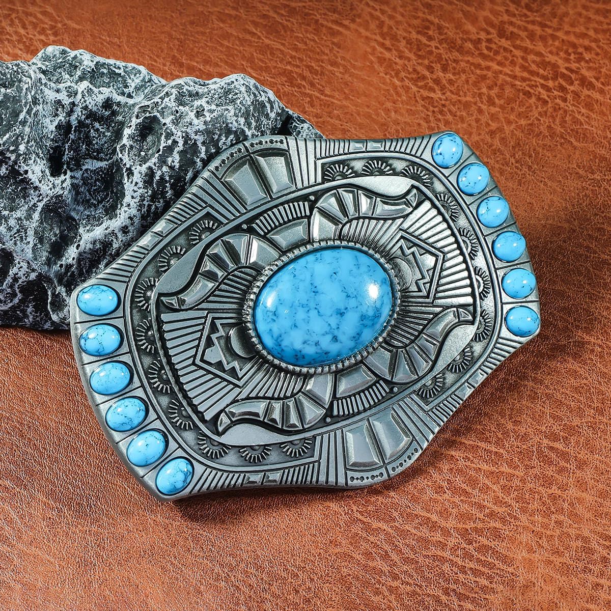 YOQUCOL American Western Cowboy Indian Elements Vintage Turquoise Belt Buckle For Men - Image 4