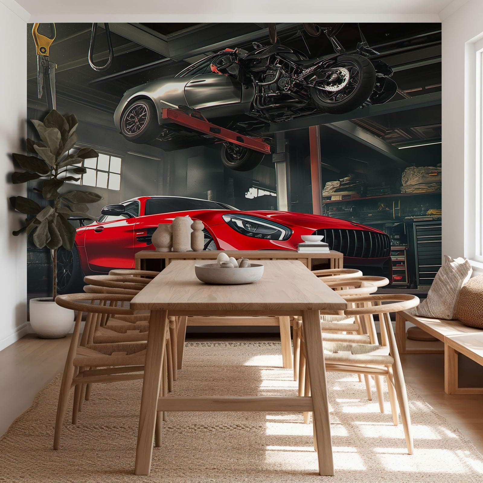Papel Tapiz Fotográfico Taller Reparación Coches Industriales Deportivos Gris 200x140 cm 3D Papel Pintado Panorámico, Fuera de la Ventana Murales Decoración Pared para Cuarto de Niño Salón Oficina