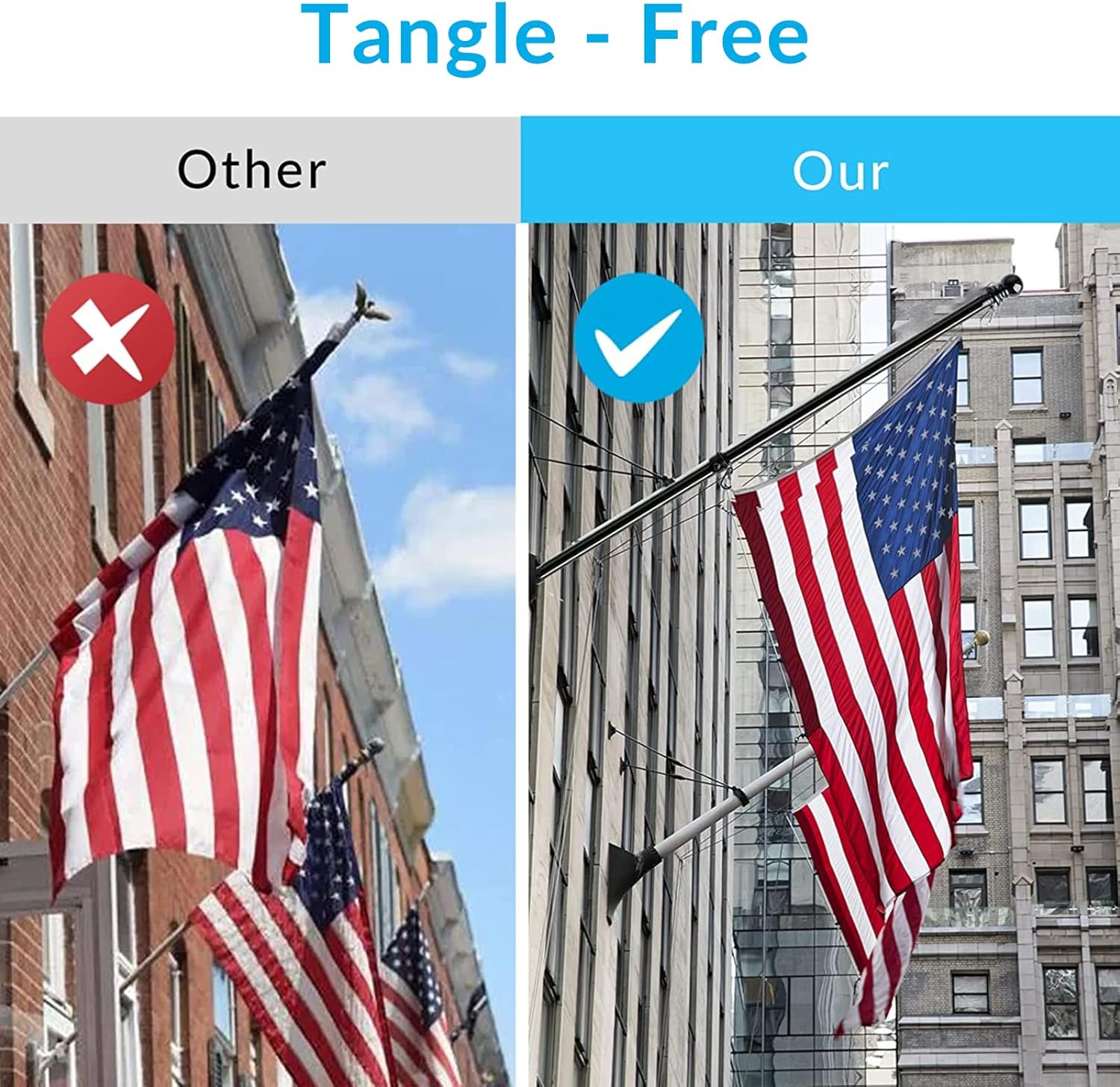 Flag Pole for House with Bracket Holder, 6FT Flag Pole Kit, Outdoor Stainless Steel Metal Flag Poles, Wall Mounted Tangle Free Black American Flag with Pole for House Car Truck Garden Yard Porch