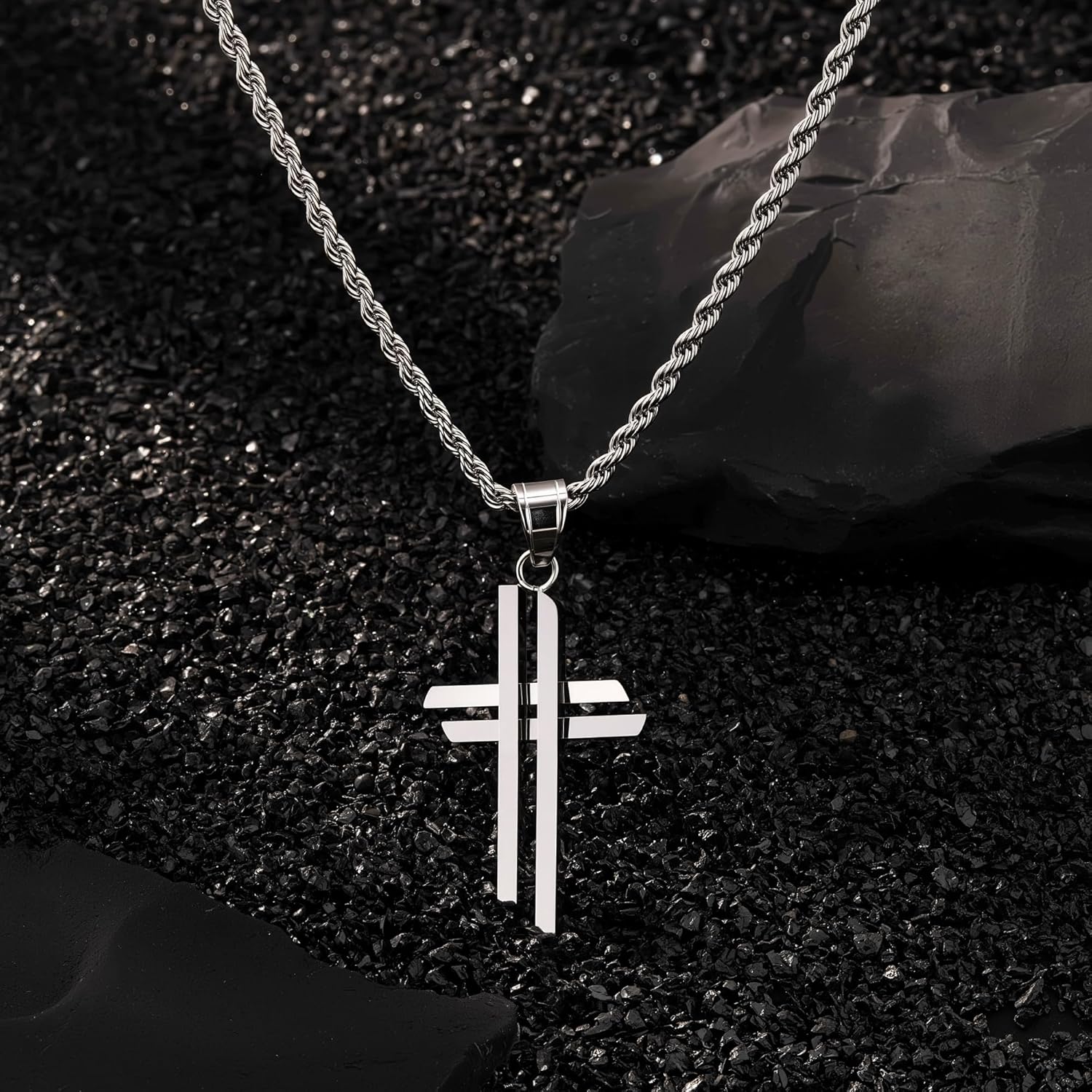 ALEXCRAFT Stainless Steel Cross Necklace for Men Double Cross Stainless Steel Necklaces for Women Trendy Crucifix Pendant with 21inch Rope Chain - Image 6