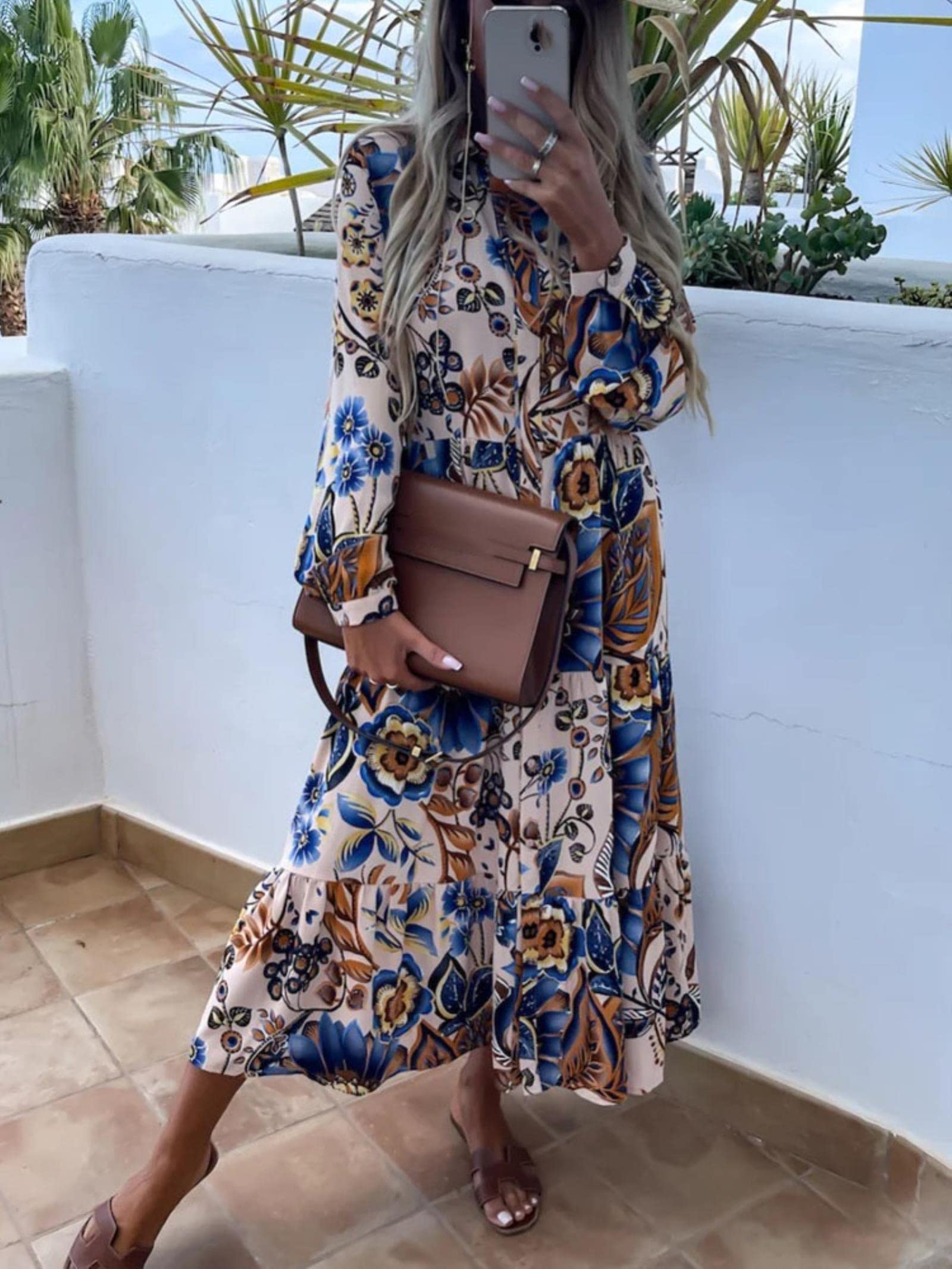 SUYGGCK Letnie sukienki dla kobiet moda wywijany kołnierz guziki długa sukienka eleganckie koszule z nadrukiem kwiatowym sukienka wiosna lato na co dzień luźna sukienka z długim rękawem - 01 biała, XL