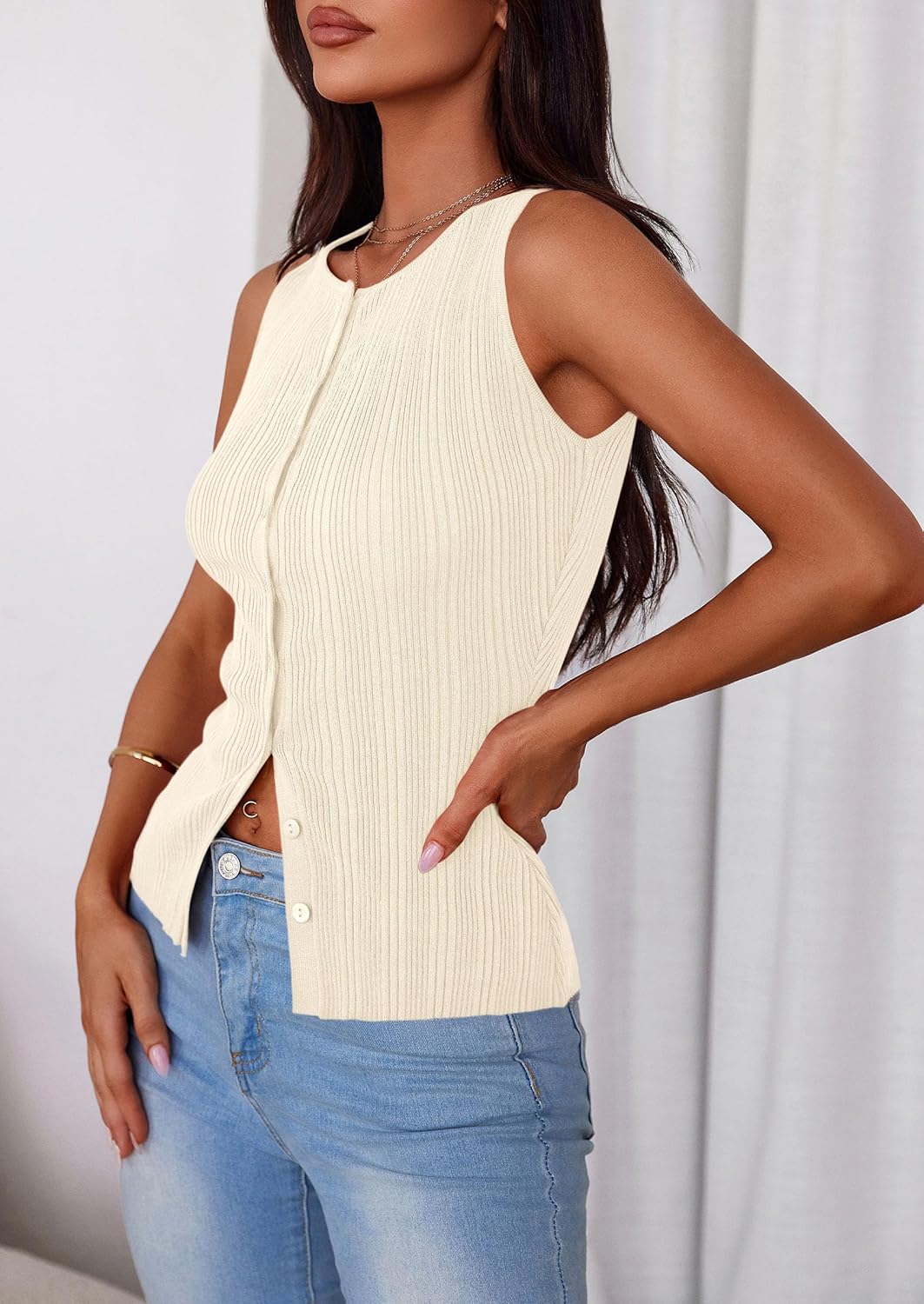 PRETTYGARDEN Ribbed Tank Tops for Women Summer 2026 Button Down Sleeveless Shirts Y2K Fashion Clothing Going Out Vest Top - Image 5