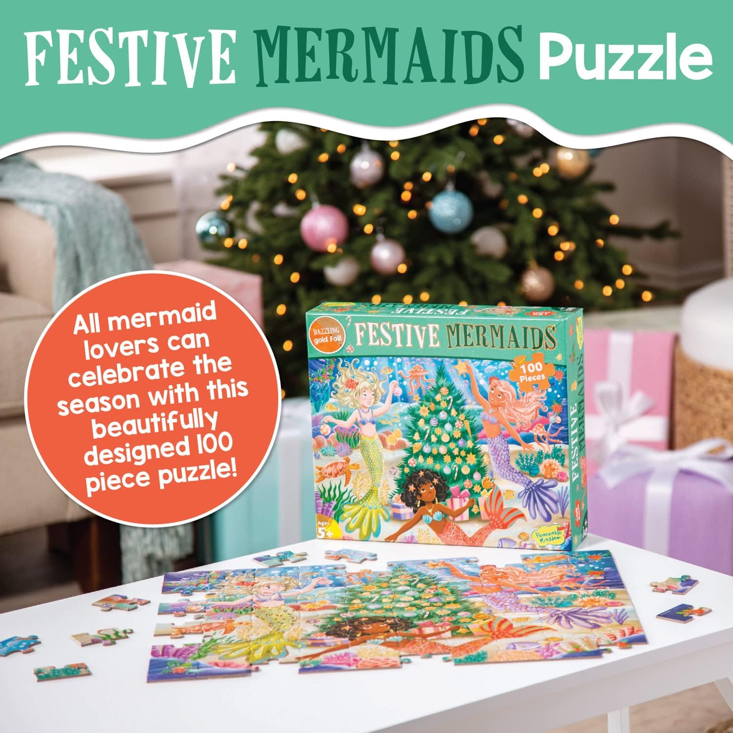 Peaceable Kingdom Shimmery Festive Mermaids Puzzle, 100-Piece for Kids Ages 5 & Up, Dazzling Gold Foil Pieces, Great for Classrooms