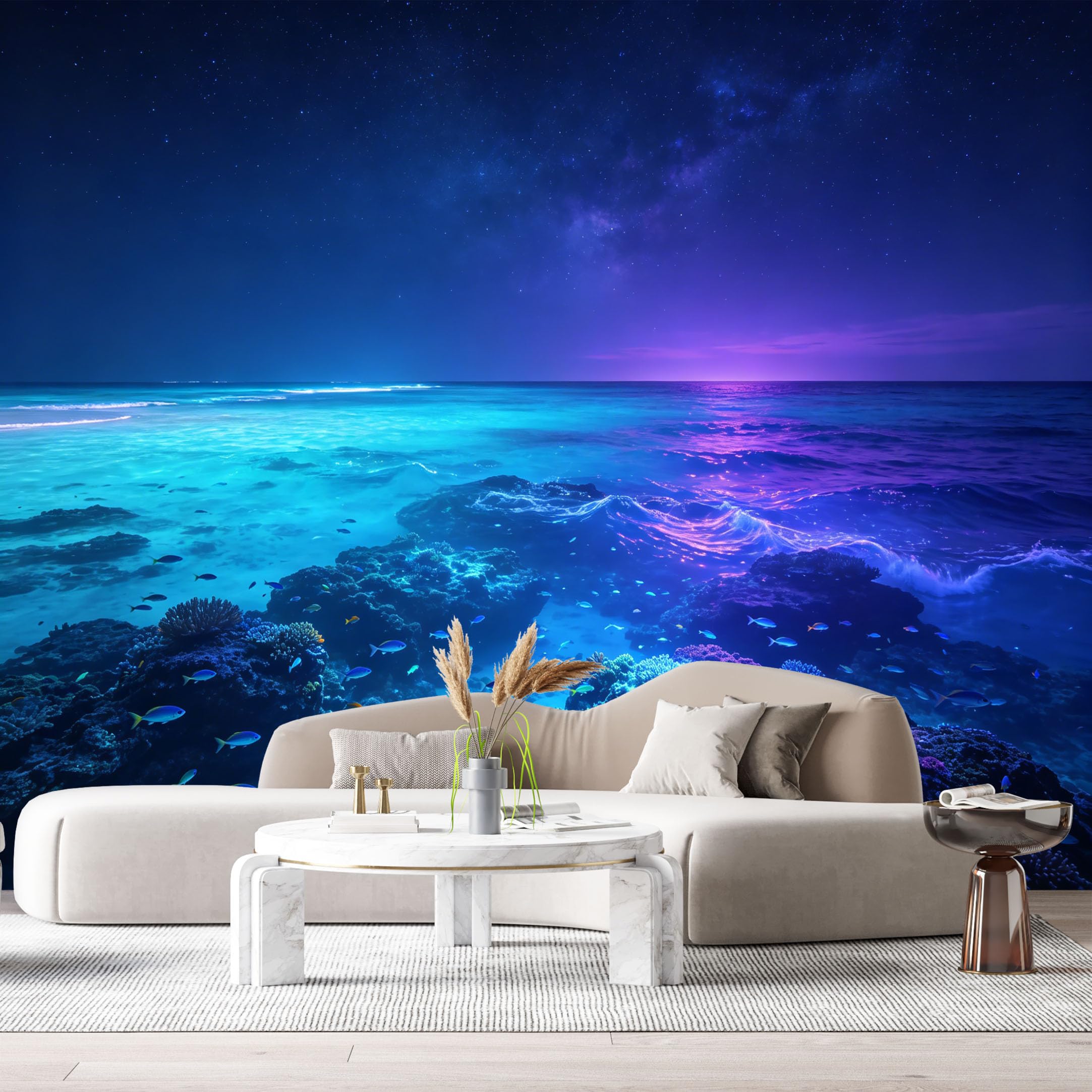 Custom Size Wall Murals Ocean Marine Landscape Night Sky Coral Reef Fishes SelfAdhesiveWall Fabric Removable Wallpaper Wall Decor for Living Room Bedroom Bathroom