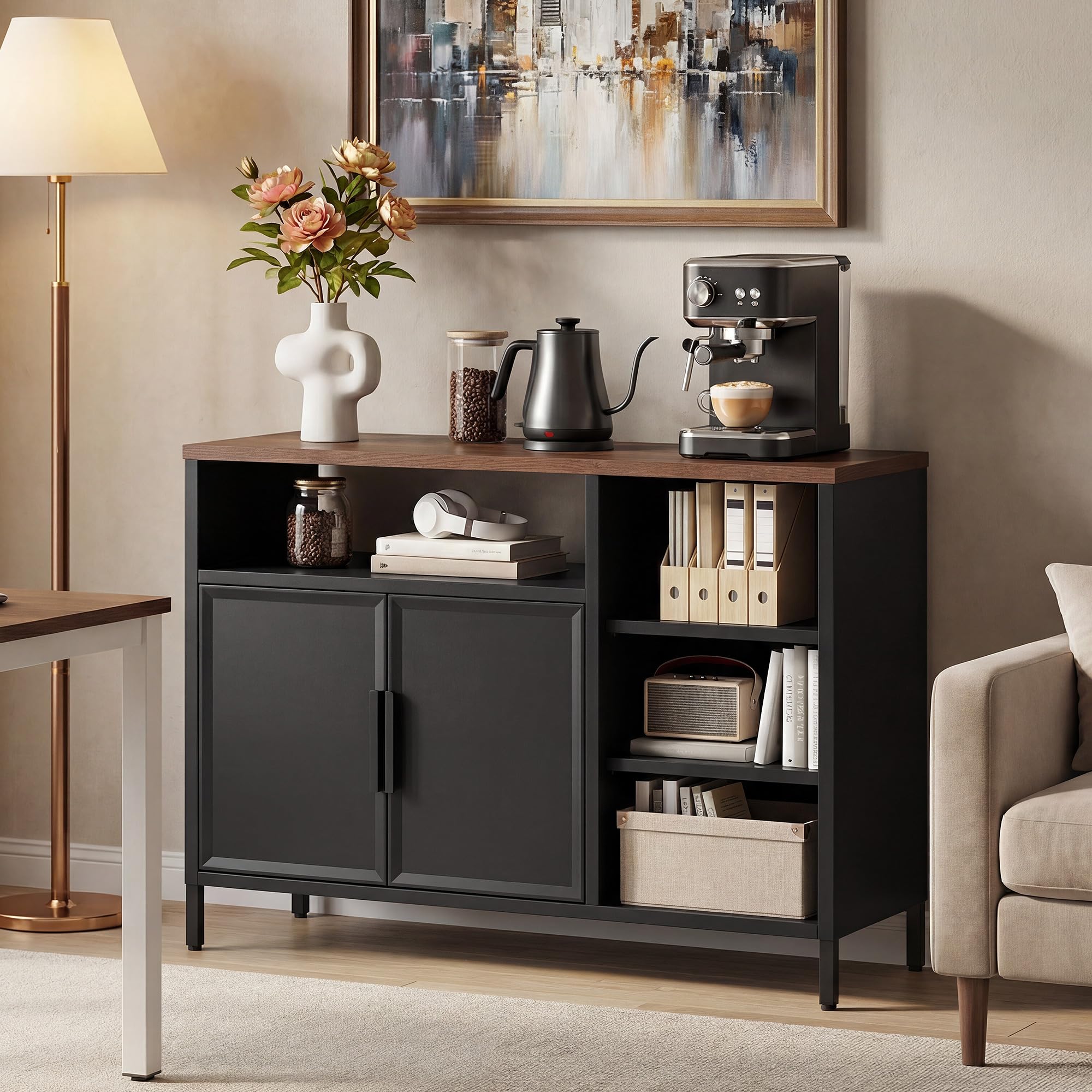 YITAHOME Küchenschrank Vorratsschrank, Metallschrank mit Türen, 108 cm | Sideboard Aufbewahrungsschrank, Kitchen Cabinet, Küchenmöbel, Küchenschränke einzeln, 6 Regale, Stahl-Holz