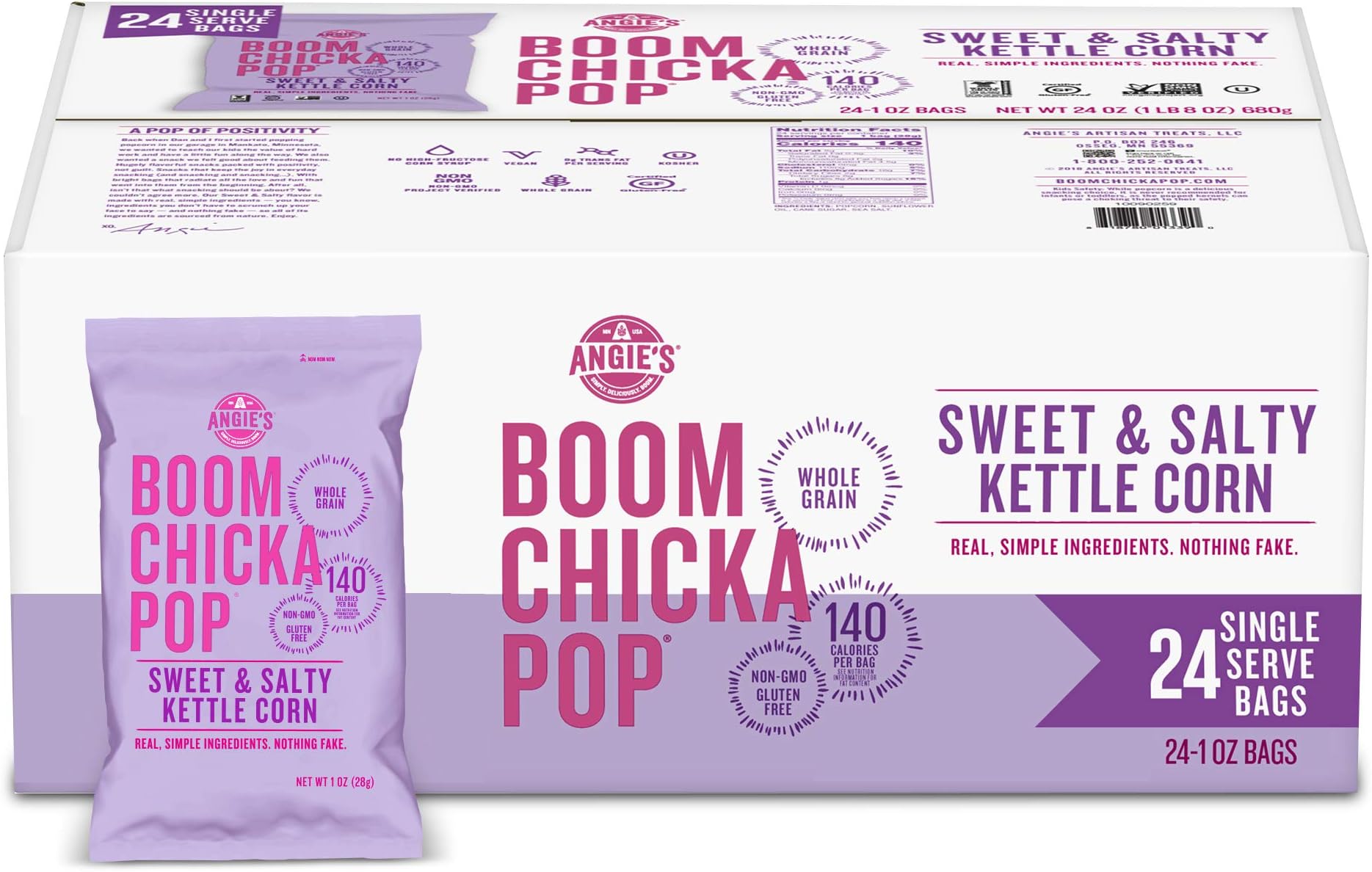 Angie's BOOMCHICKAPOP Sweet & Salty Kettle Corn Popcorn, 1 oz. Individual Bag (Pack of 24)