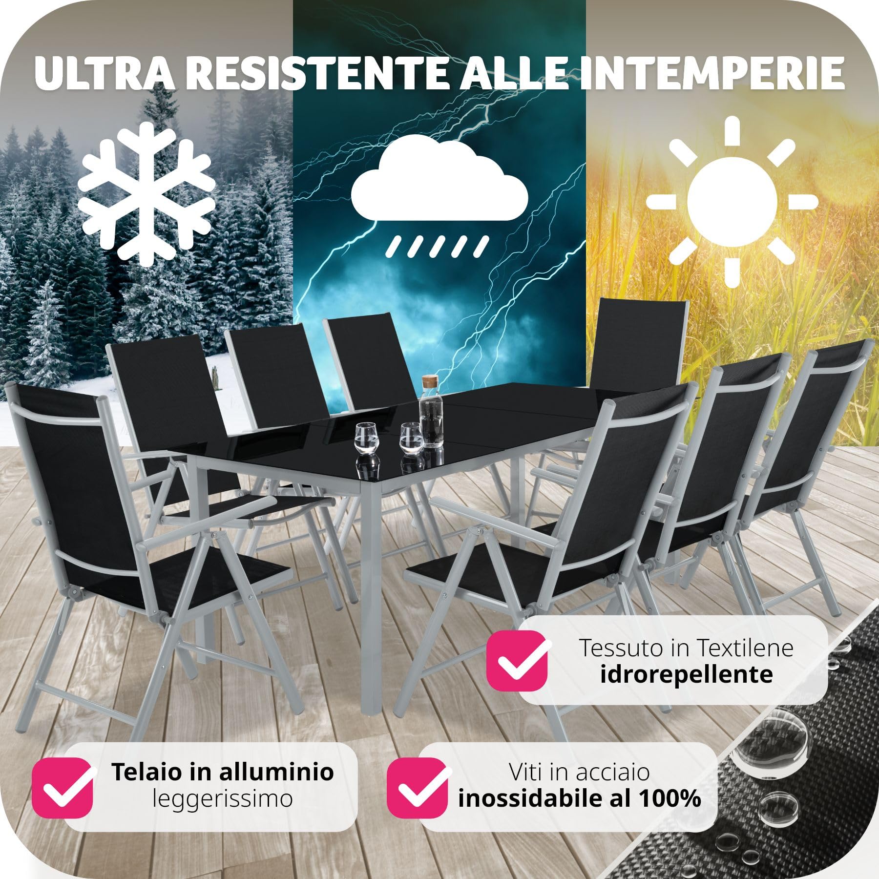 Tectake Set mobili da giardino tavolo massiccio con lastra di vetro di sicurezza telaio alluminio 8 sedie confortevoli grigio chiaro