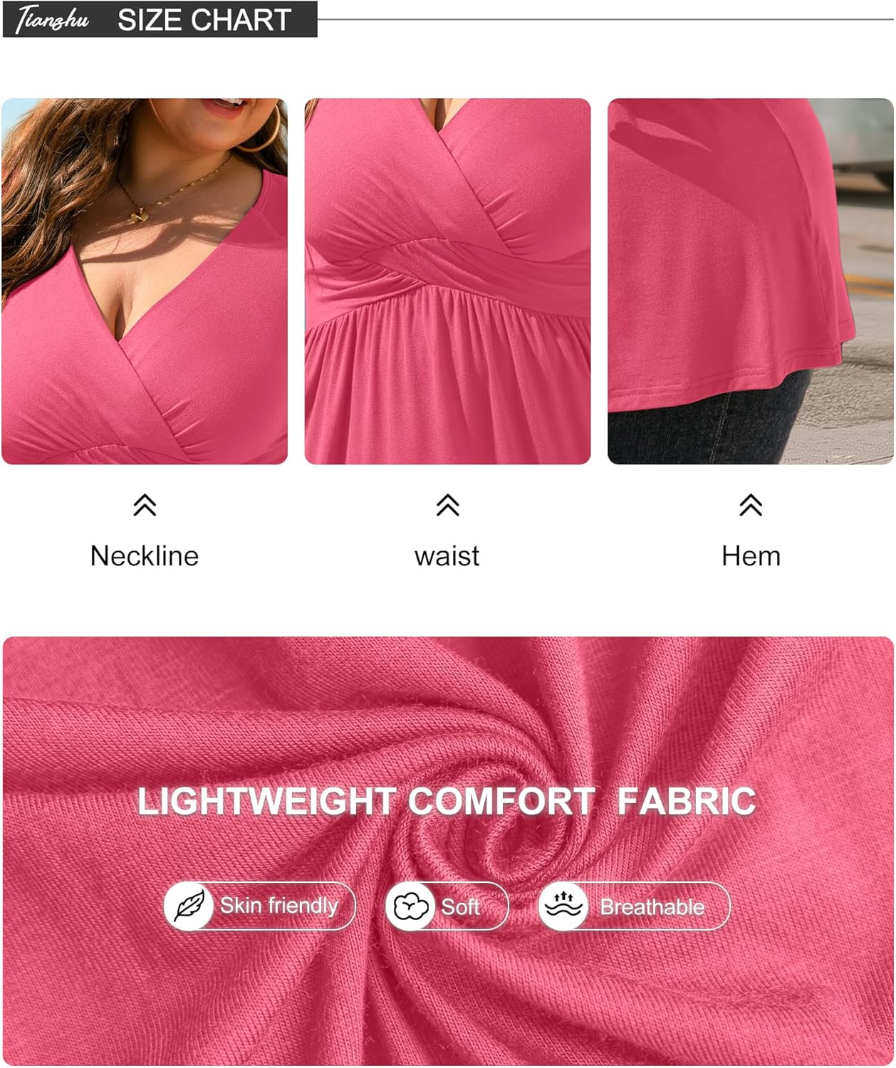 TIANZHU Women's Plus Size Dressy Tops Wrap Shirt Short Sleeve Tunic Top V Neck Low Cut Cute Blouse - Image 5