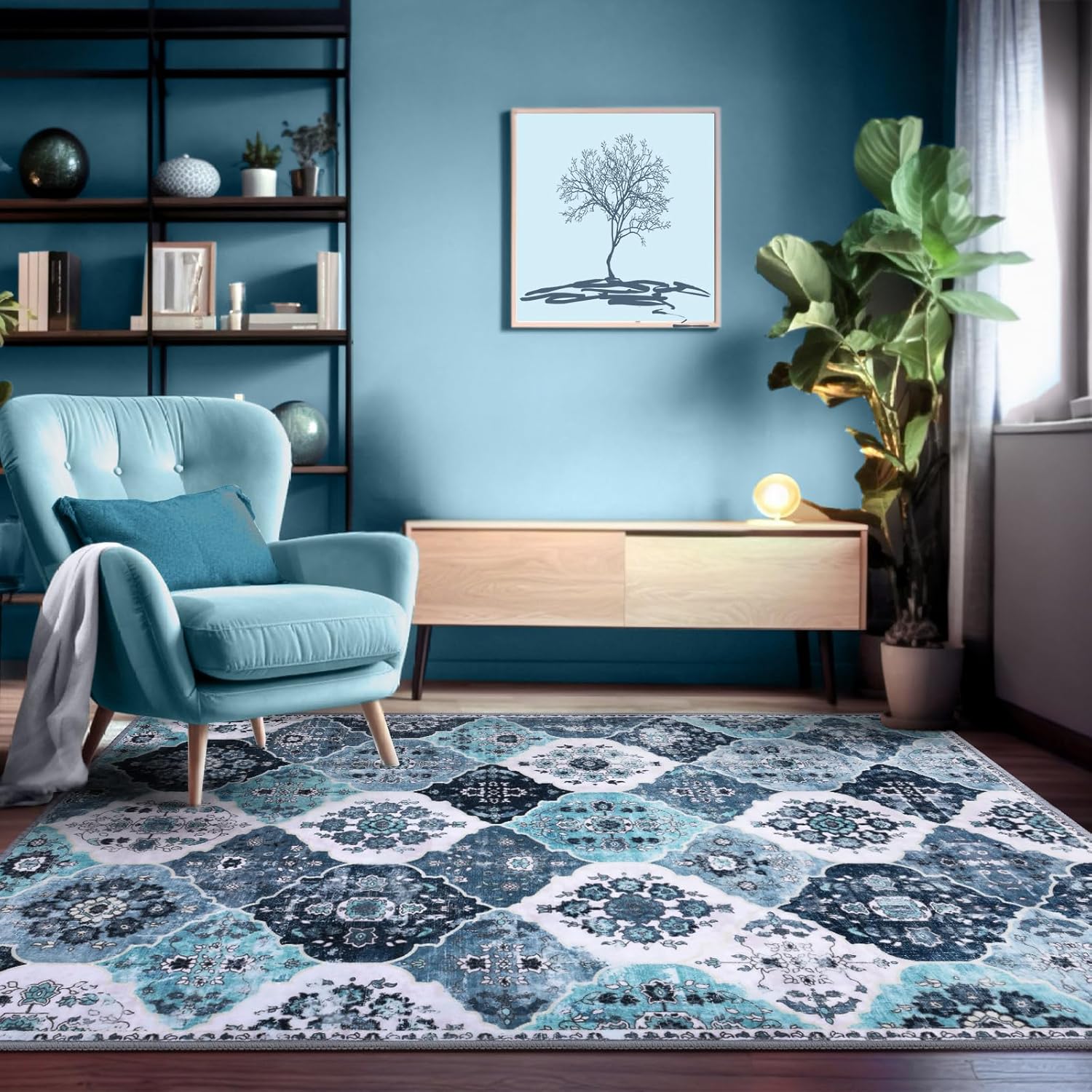 4x6 Area Rugs, Washable Boho Moroccan Trellis Indoor Rug, Bohemian Ultra Soft Non-Slip Carpet for Living Room Dining Room Office Bedroom - Blue
