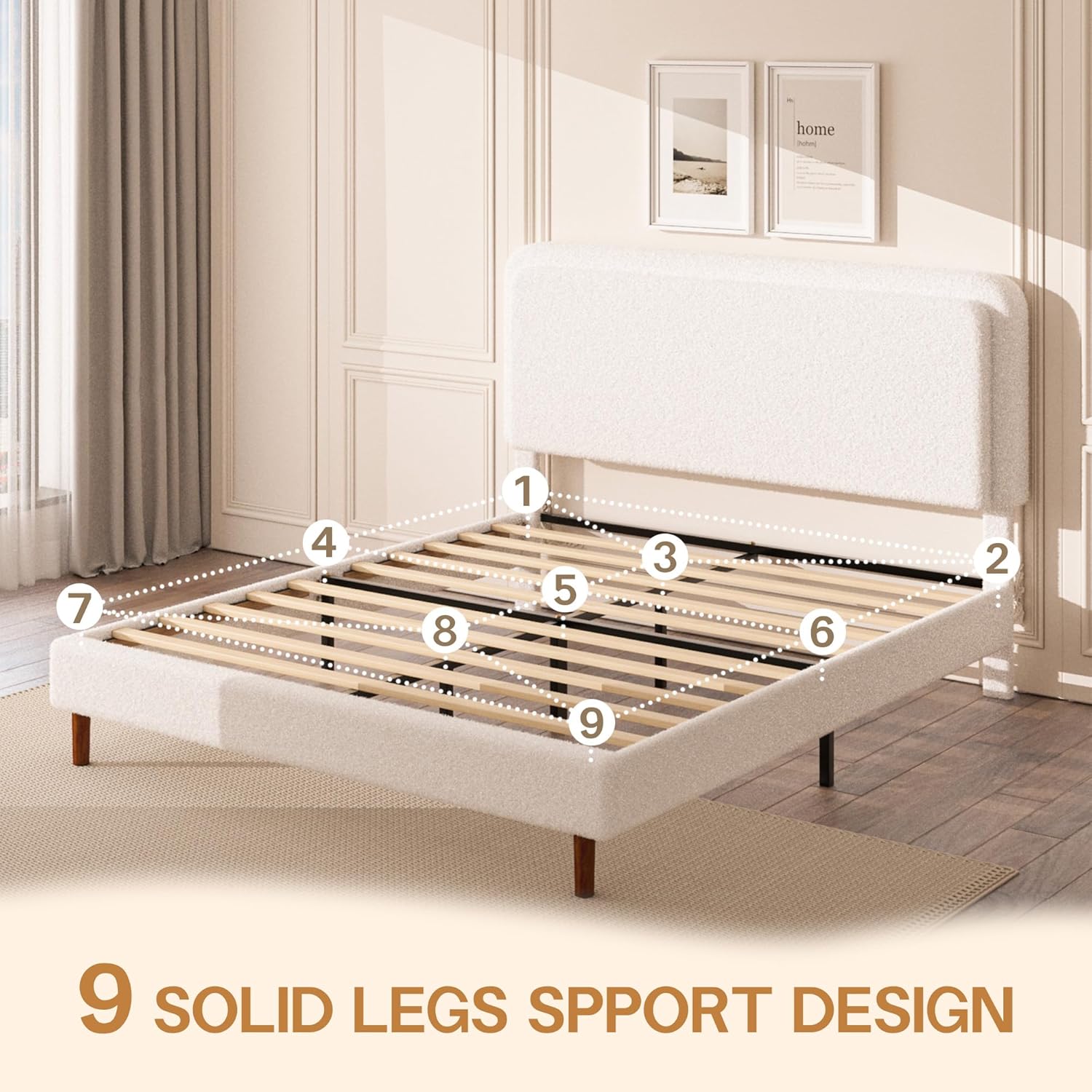 Queen Size Boucle Platform Bed Frame with Adjustable Headboard, Upholstered Cloud Bed, Solid Wooden Legs, Easy Assembly, No Box Spring Needed, White