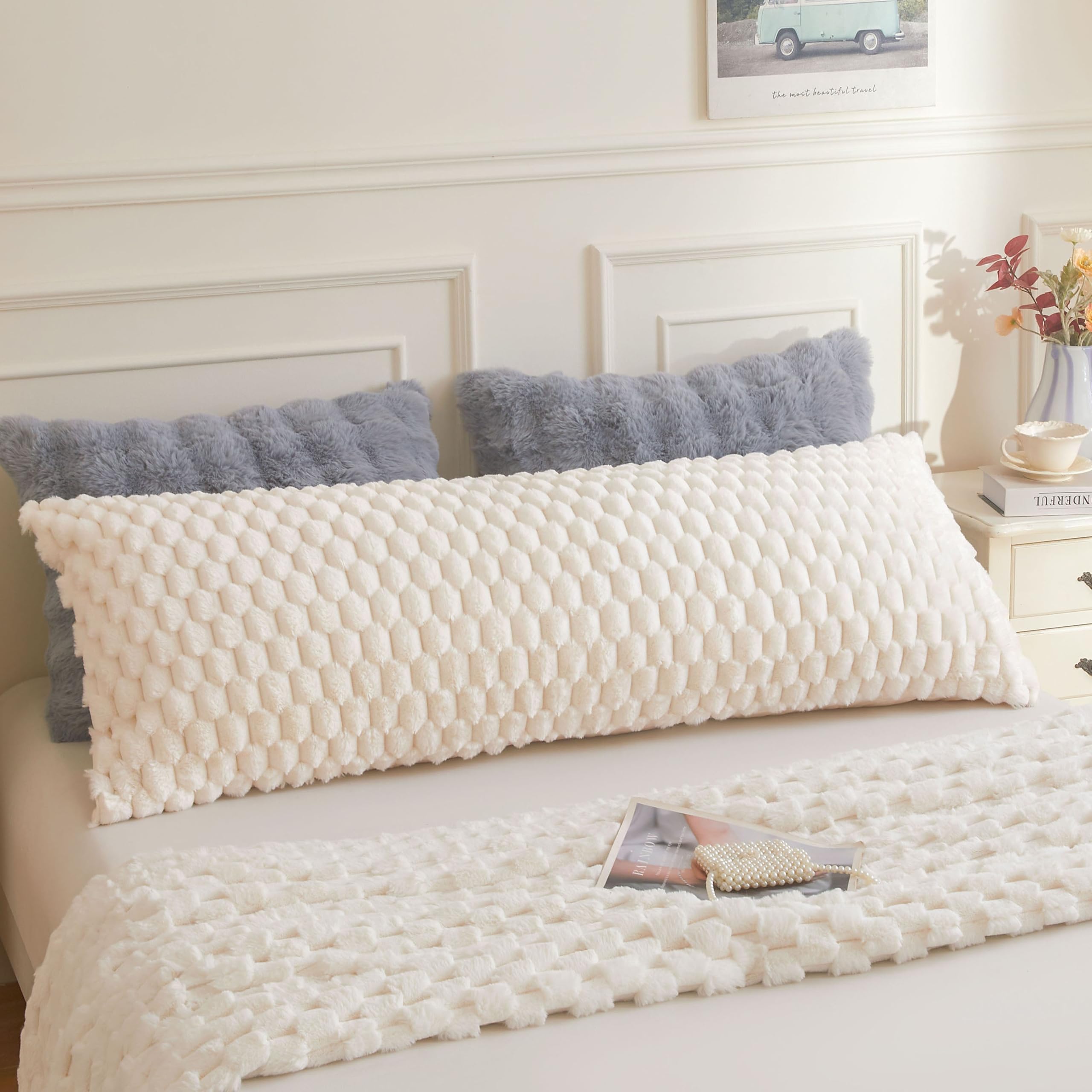 XeGe Luxury Bubble Fluffy Faux Rabbit Fur Body Pillow Cover 4.6ft, Beige