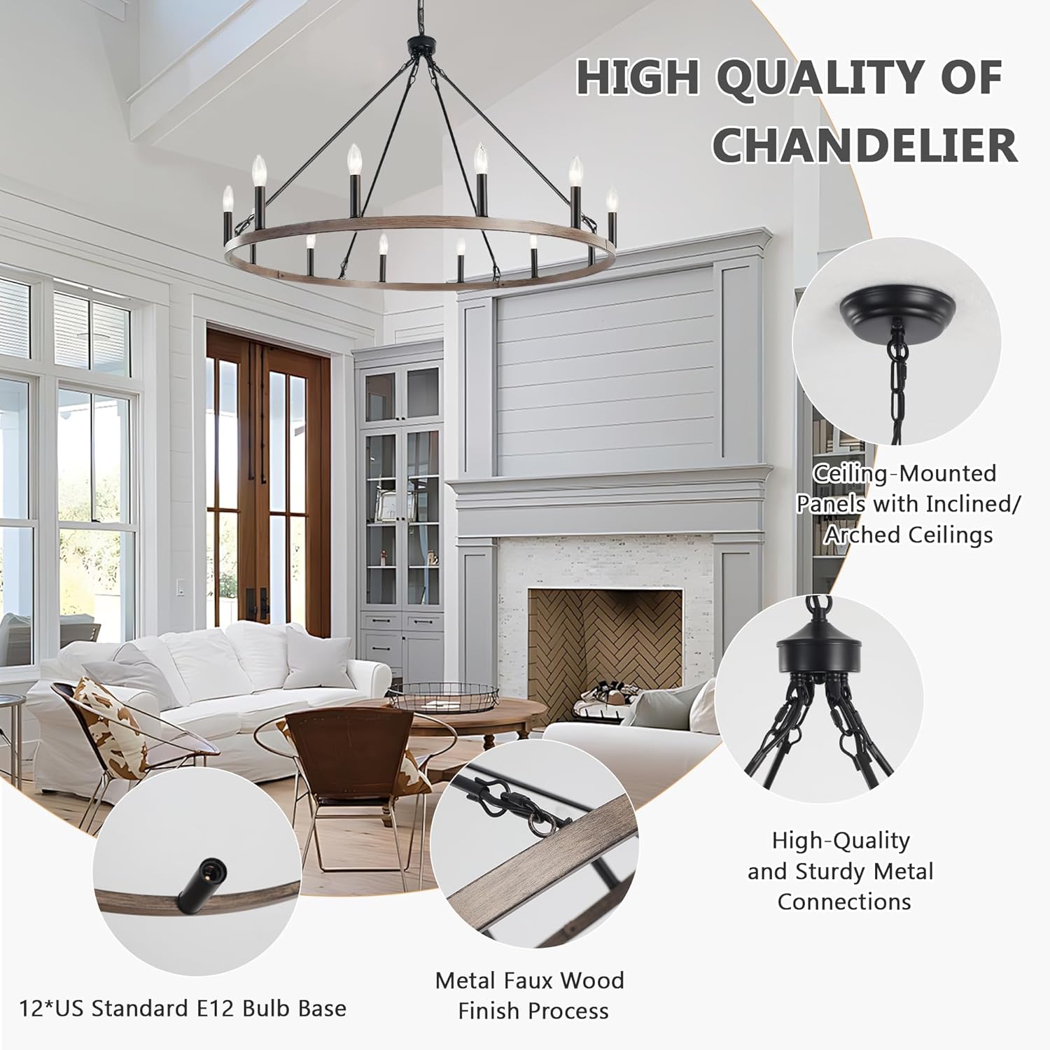 ANKYLHUA Wagon Wheel Chandelier-12 Light,38 Inch Chandeliers for Dining Room Light Fixture,Black and Metal Faux Wood Farmhouse Kitchen Light Fixtures for Living Room/Bedroom/Entryway