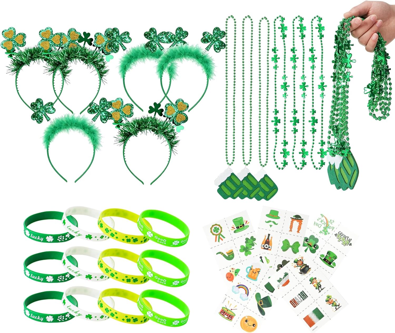 Yunfan 29Pack St Patricks Day Accessories St Patricks Day Decorations Green Shamrock Clover Necklaces Headbands Bracelets Tattoo Stickers for Leprechaun Costume Accessories Irish Party Supplies