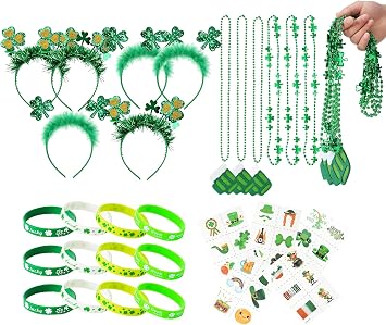 Yunfan 29Pack St Patricks Day Accessories St Patricks Day Decorations Green Shamrock Clover Necklaces Headbands Bracelets Tattoo Stickers for Leprechaun Costume Accessories Irish Party Supplies