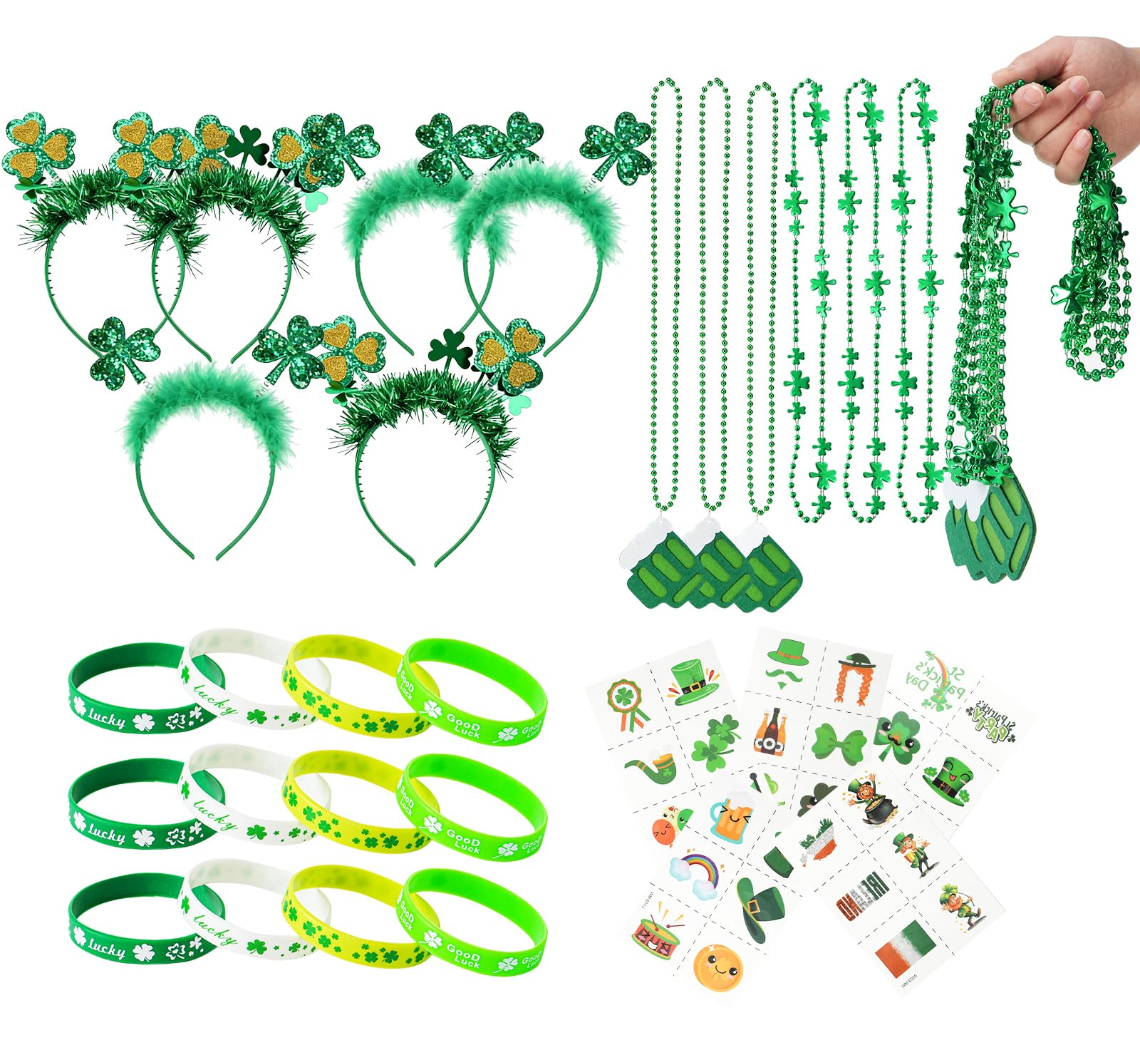 Yunfan 29Pack St Patricks Day Accessories St Patricks Day Decorations Green Shamrock Clover Necklaces Headbands Bracelets Tattoo Stickers for Leprechaun Costume Accessories Irish Party Supplies - 1