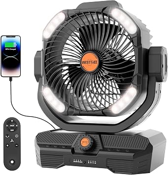 WESTTREE Battery Powered Fan Powerful Airflow Battery Operated Air Circulator Fan for Bedroom,Quiet & 360Auto Oscillating Rechargeable Camping Fans with LED Light RGBW X66 Black