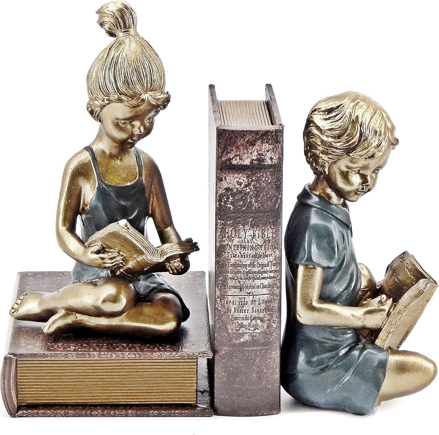 Bellaa 22951 Boy Girl Bookends Vintage Studious Reading Scholar Bookrack Stoppers for Heavy Duty Book Ends Holder Stand Decorative 8 inch