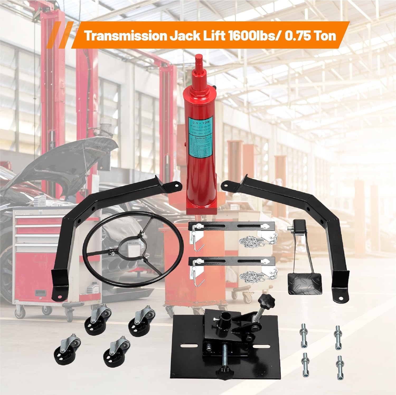 Transmission Jack, 1600 lbs/0.75Ton Capacity Hydraulic Telescopic Transmission Jack 2 Stage Adjustable High Lift Transmission Jack,Garage/Shop Lift Hoist,34" to 70" Lifting Range