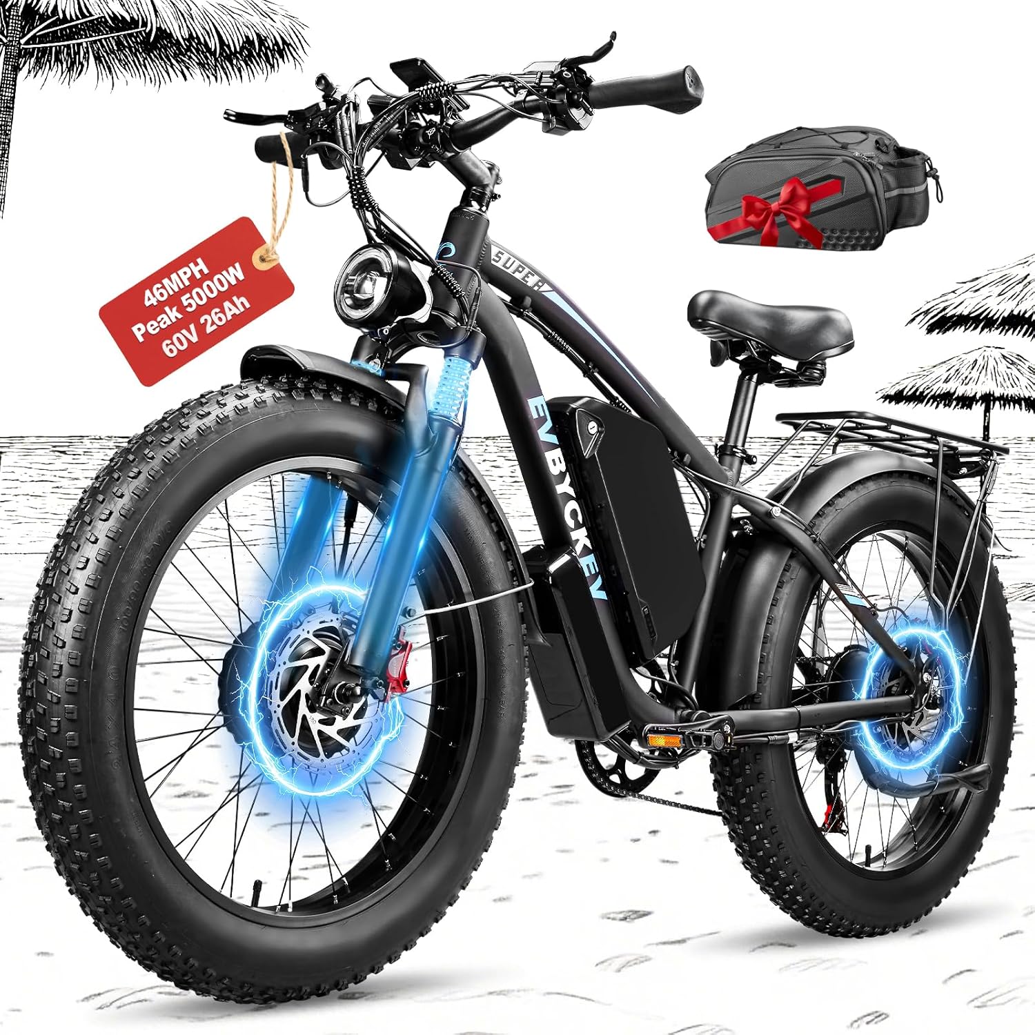 Twin Motor Electrical Bike for Adults, 60V 26Ah Peak 5000W As much as 90Miles Vary Quick E Bike, 24*4″ Fats Tire All Terrain with Entrance Suspension Electrical Mountain Bike for Off-Street Seaside Snow Commuter