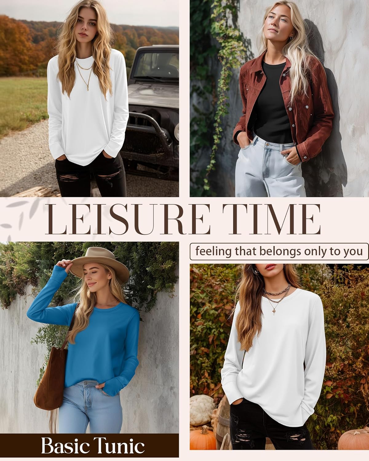 Huukeay 3 Pack Women's Long Sleeve Shirts with Thumb Holes, Cotton Casual Crew Neck Tunic Tops Fall Loose Y2k Trendy Outfits - Image 4