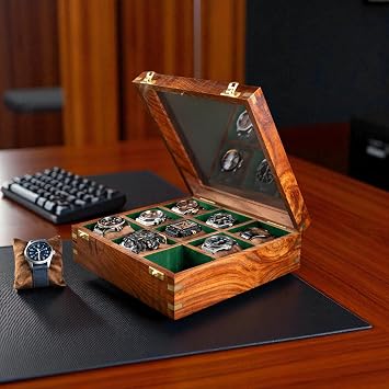 Watch Box Organizer for Men and Women - Large Glass Lid, Wooden Display Storage Case With 6 Slots, Vintage Premium Royal Indian Rosewood Dark Brown-Nine Room