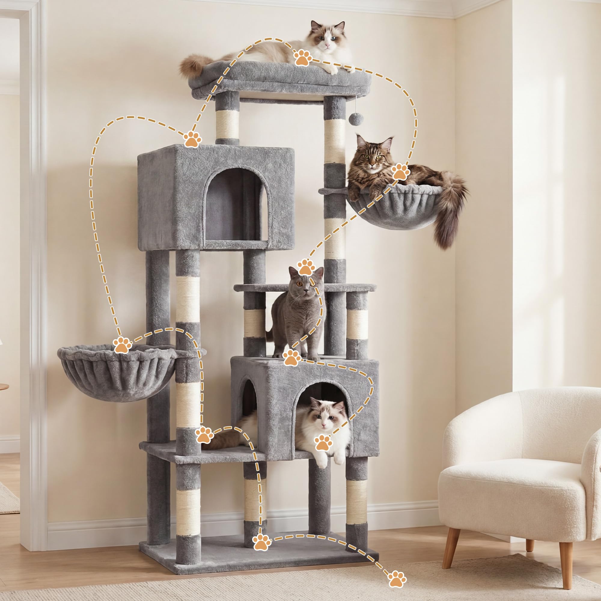 Heybly Árbol para Gatos de 173 cm para Gatos de Interior, Torre Resistente con Plataforma Superior Extra Grande, 2 Condos Acogedores, 2 Cestas, 10 Postes Rascadores de Sisal, Gris Claro HCT059W