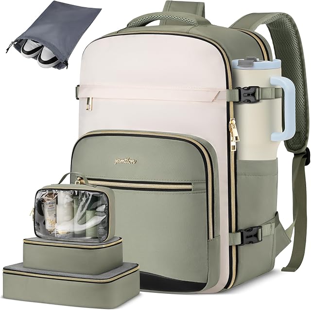 YAMTION Sac à dos de voyage pour les femmes, Transport sur bagages avec 4 Cubes d'emballage